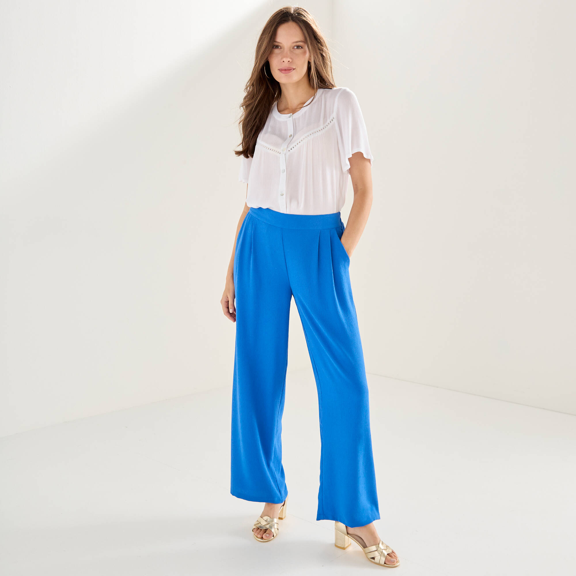 Pantalon large taille haute à enfiler, cr&ecirc;pe fluide