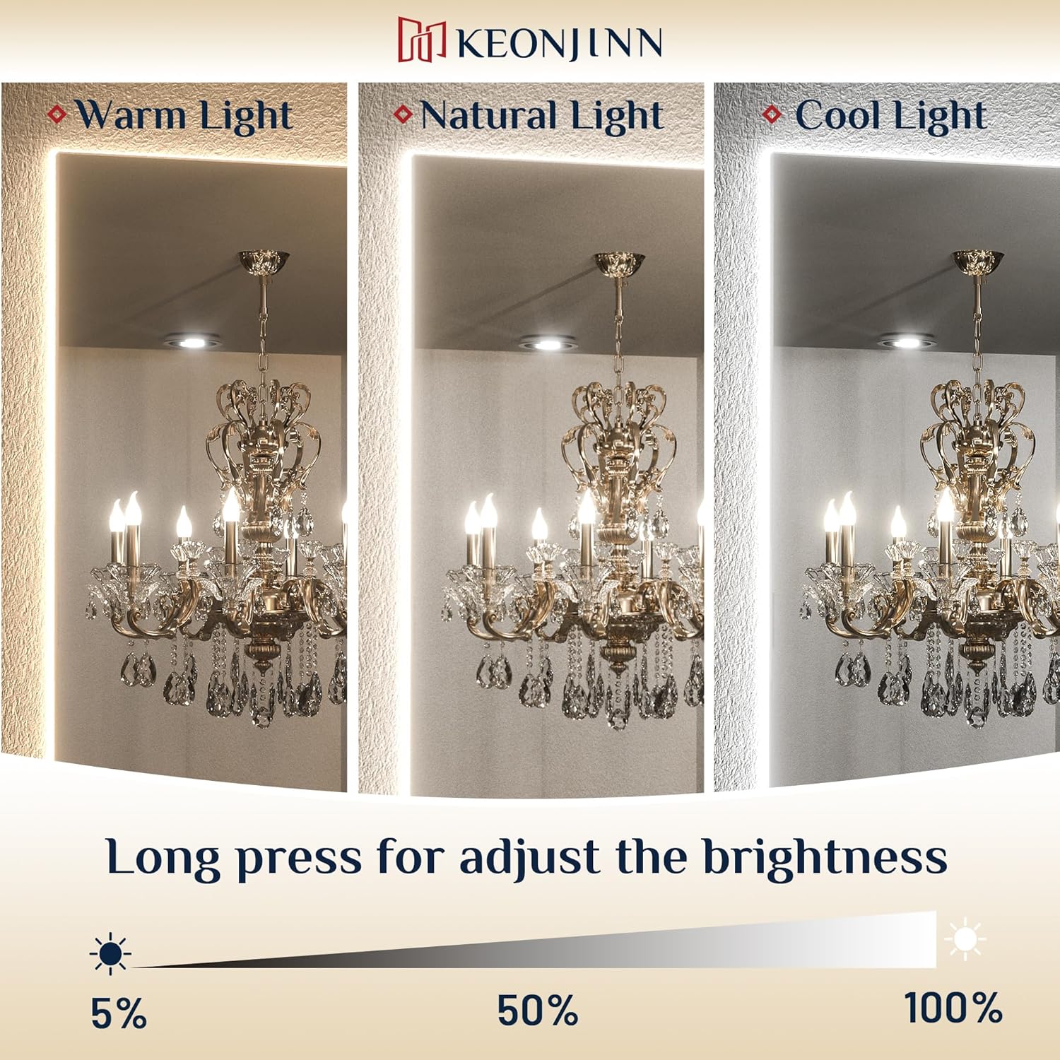 Keonjinn 60 x 36: Lighted Bathroom Mirror, Large LED Backlit Miroor, 3 Colors Lights Warm/Natural/White, HD Tempered Glass, Safe Anti-Fog, Dimmable, Oversinzed LED Bathroom Mirrors