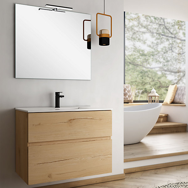 Ensemble meuble de salle de bain 80cm simple vasque   colonne de rangement MIG - roble (chêne clair)