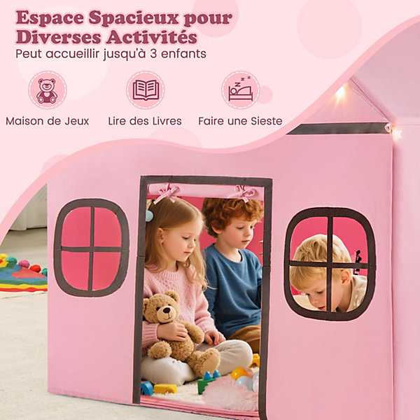 Cabane Enfant Interieure,10 étoiles Lumineuses et Tapis, Porte Enroulable, Fenêtres, Poches de Rangement, pour 3  Ans (Rose)