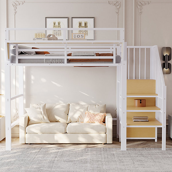 Lit Mezzanine enfant 90x200 cm - échelle de Sécurité et Coffre de Rangement Intégré, Métal, Blanc, Sans Matelas