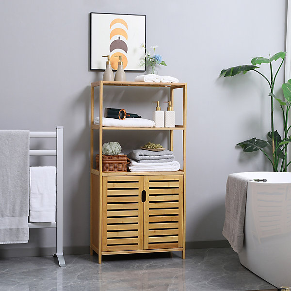 Meuble salle de bain bois bambou 2 portes 3 étagères dim. 60 x 30 x 120 cm naturel