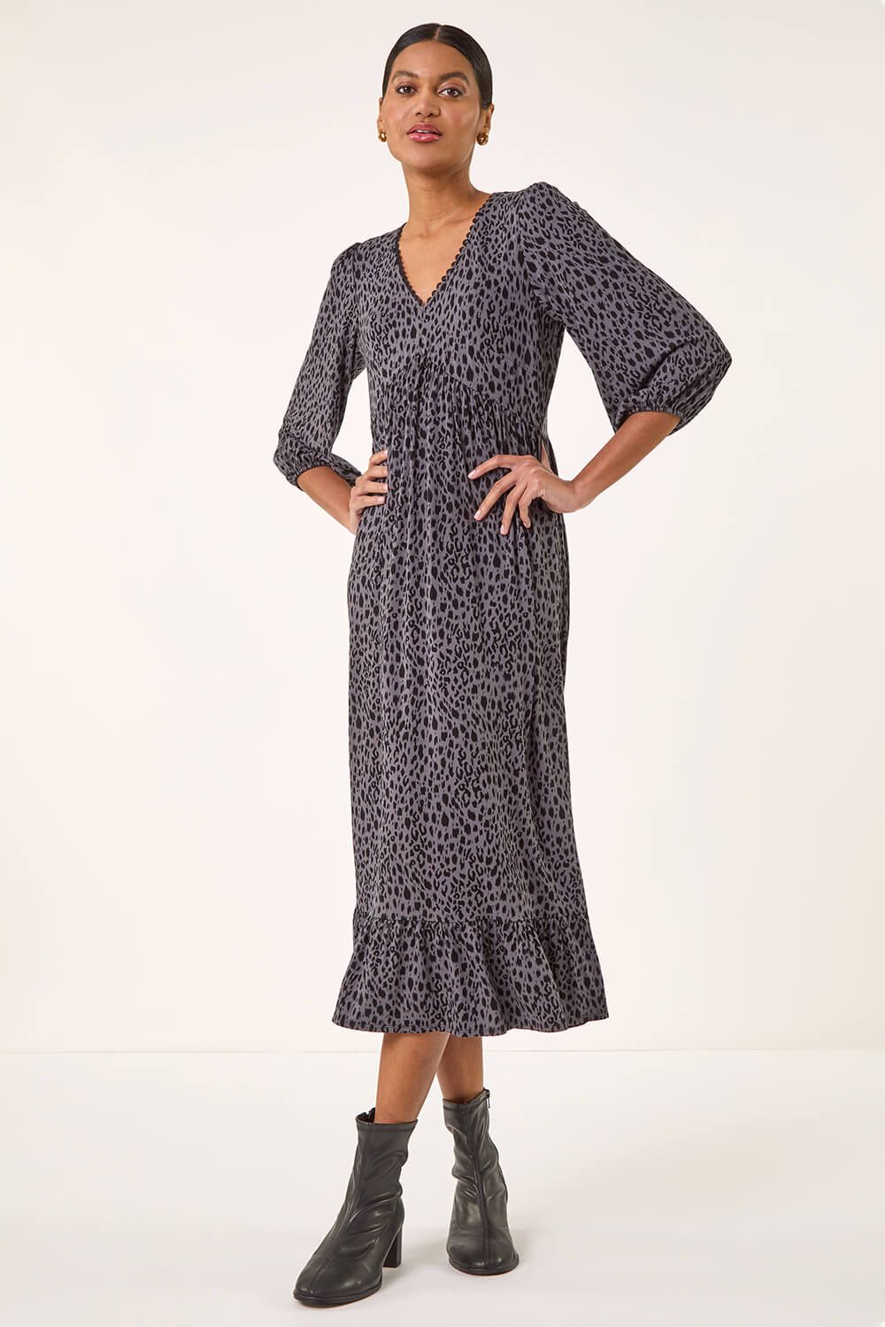 Roman Animal Print Lace Trim Stretch Dress