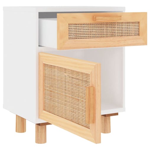 NNEVL Bedside Cabinets 2 pcs White Solid Wood Pine and Natural Rattan