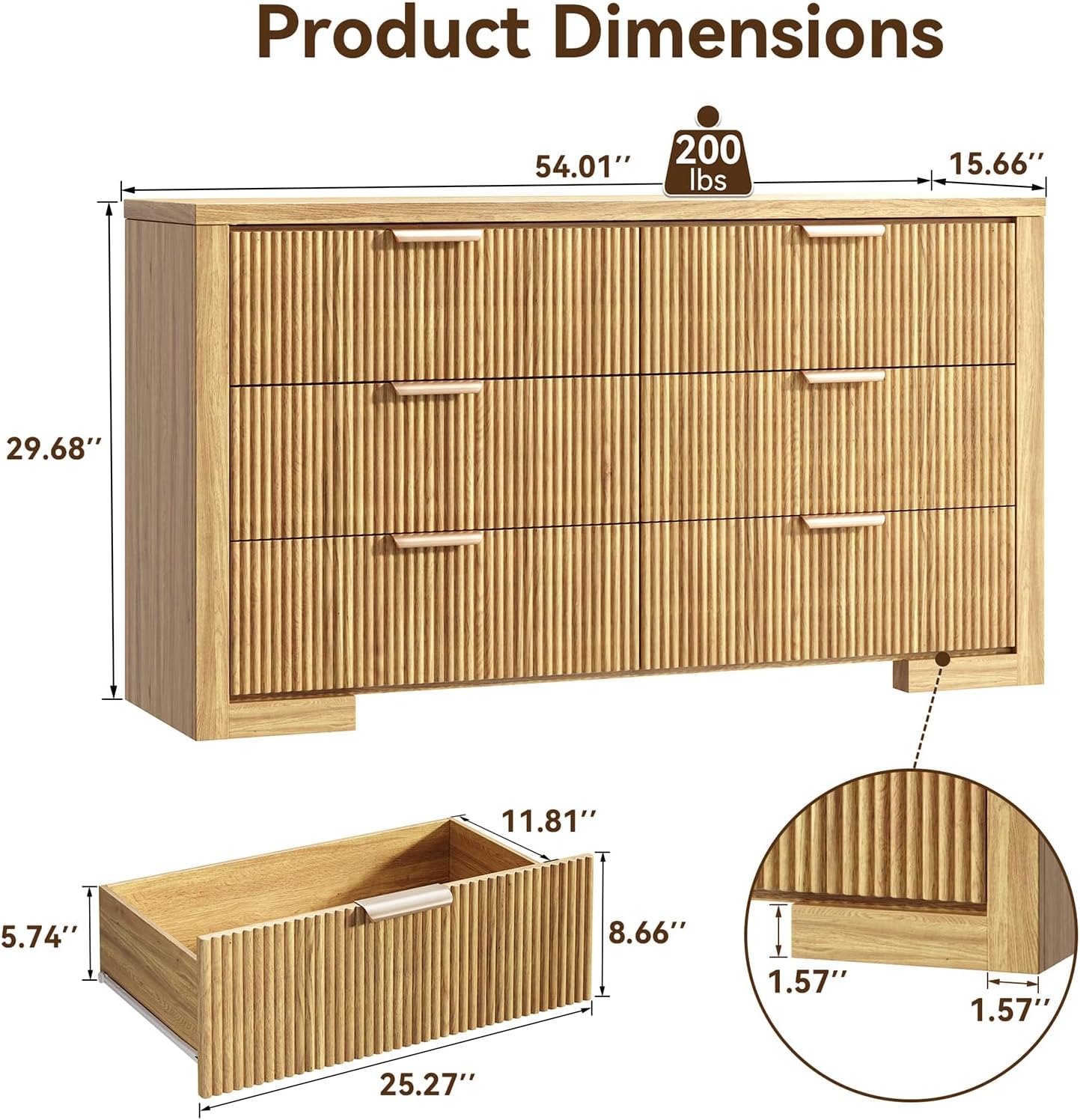 Fluted 6 Drawers Dresser for Bedroom, 54 Modern Chest of Drawers with Metal Handle, Wood Closet Clothes Storage Organizer for Living Room, Hallway, Entryway, Natural Oak