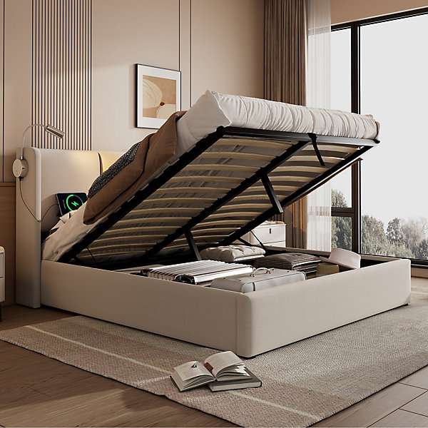 Lit Coffre 160 x 200 Cm - Lit Double avec Lampe de Lecture et Charge USB - Bois Massif et PU - Sans Matelas - Beige