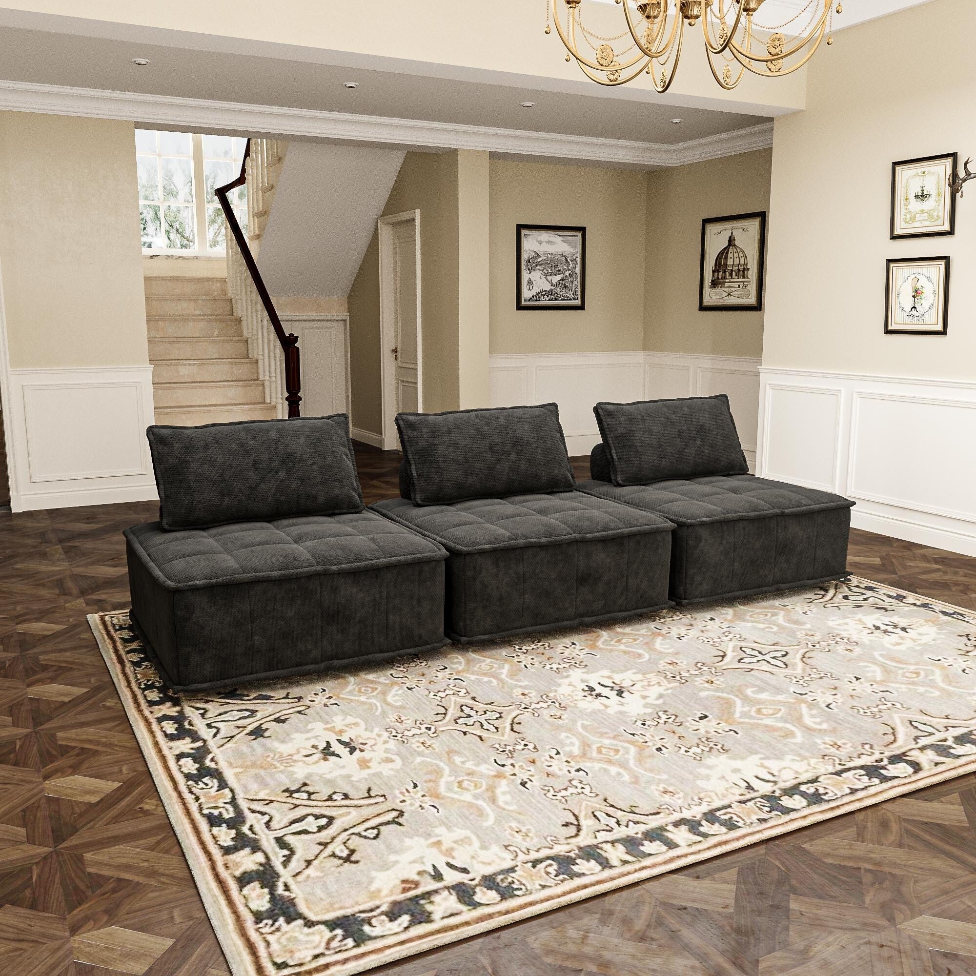 Black Oversized 3-piece Chenille Modular Square Sofa Set with High-Density Foam Cushions, Free Combination
