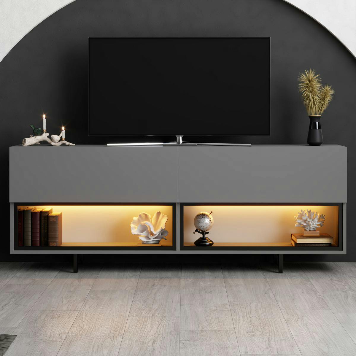 Meuble TV gris foncé 2 portes 2 niches LED à télécommande AURA