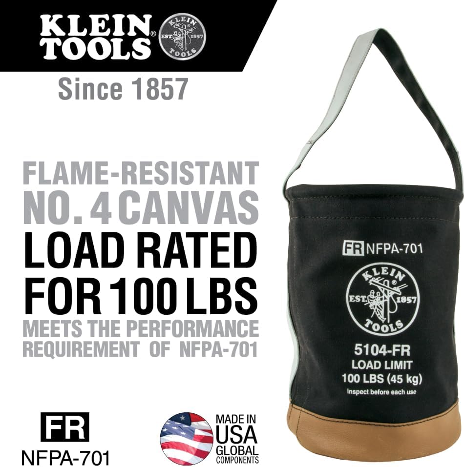 Klein Tools 5104FR Canvas Bucket, Flame-Resistant Tool Bucket Made of No. 4 Canvas, with Double-Reinforced Bottom, 100-Pound Load Rated
