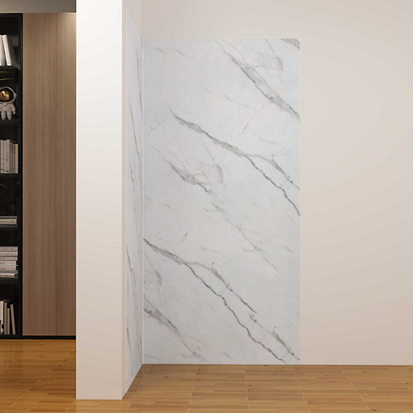 Lot de 2 panneaux muraux de douche effet blanc marbre mural aluminium avec 3 profiles - L.90 x L.90 x H.210 cm -facile à nettoyer