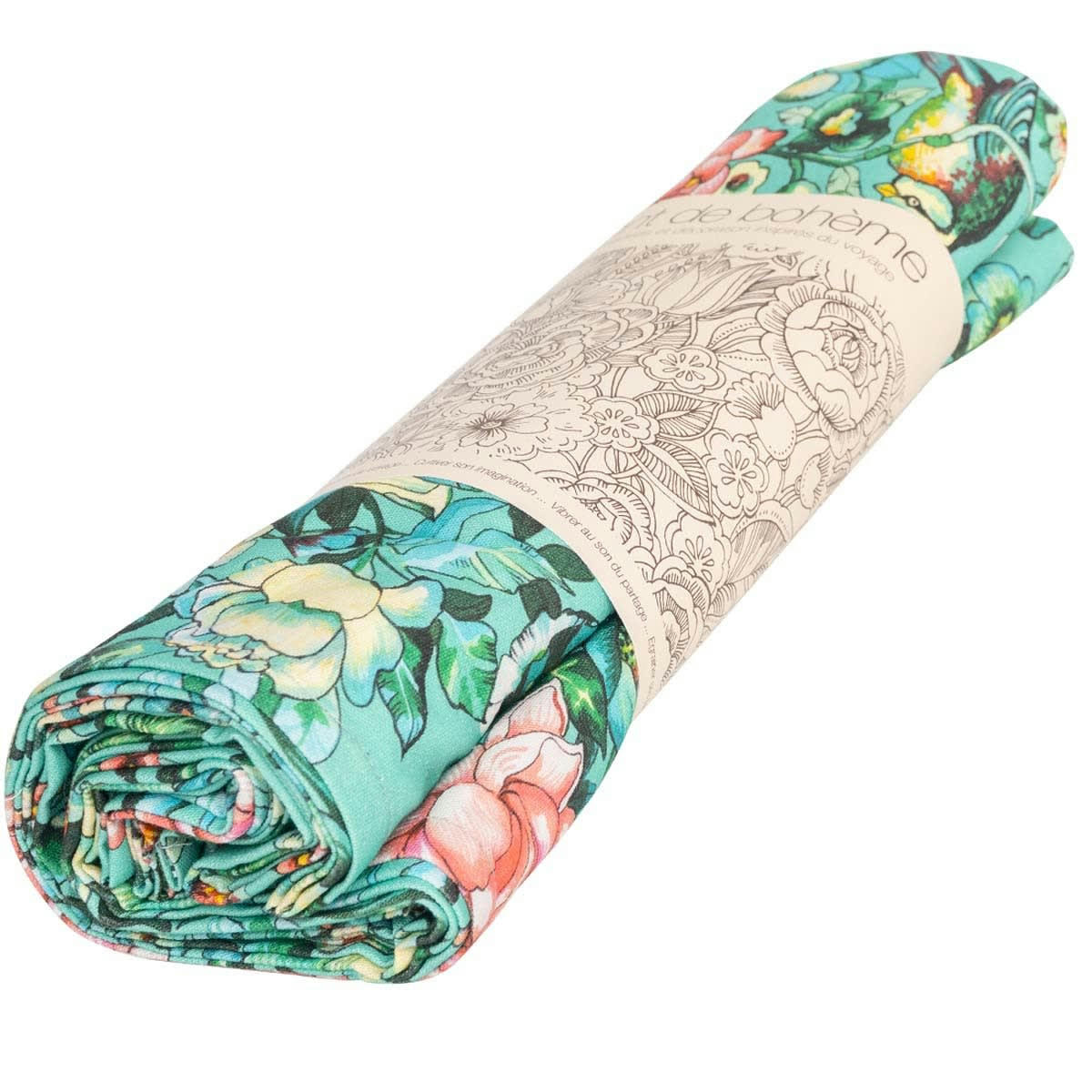 NILA - Nappe grand format en coton imprimé fleuri turquoise 140x235