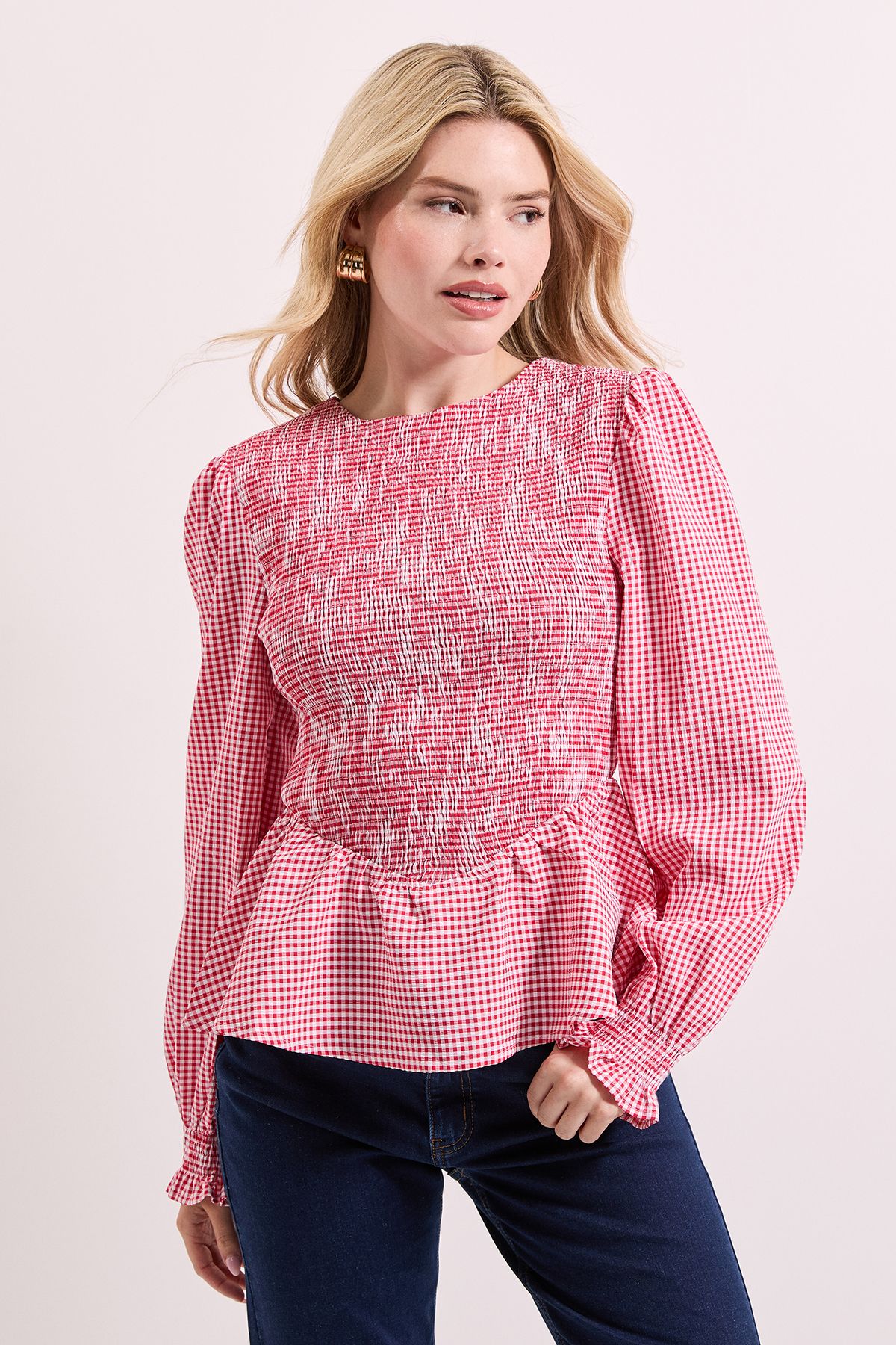 Dorothy Perkins Gingham Shirred Bodice Blouson Sleeve Peplum Top