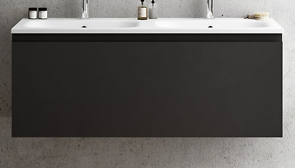 Meuble vasque suspendu noir mat l.120 cm   plan double vasque blanc mat résine, Pura