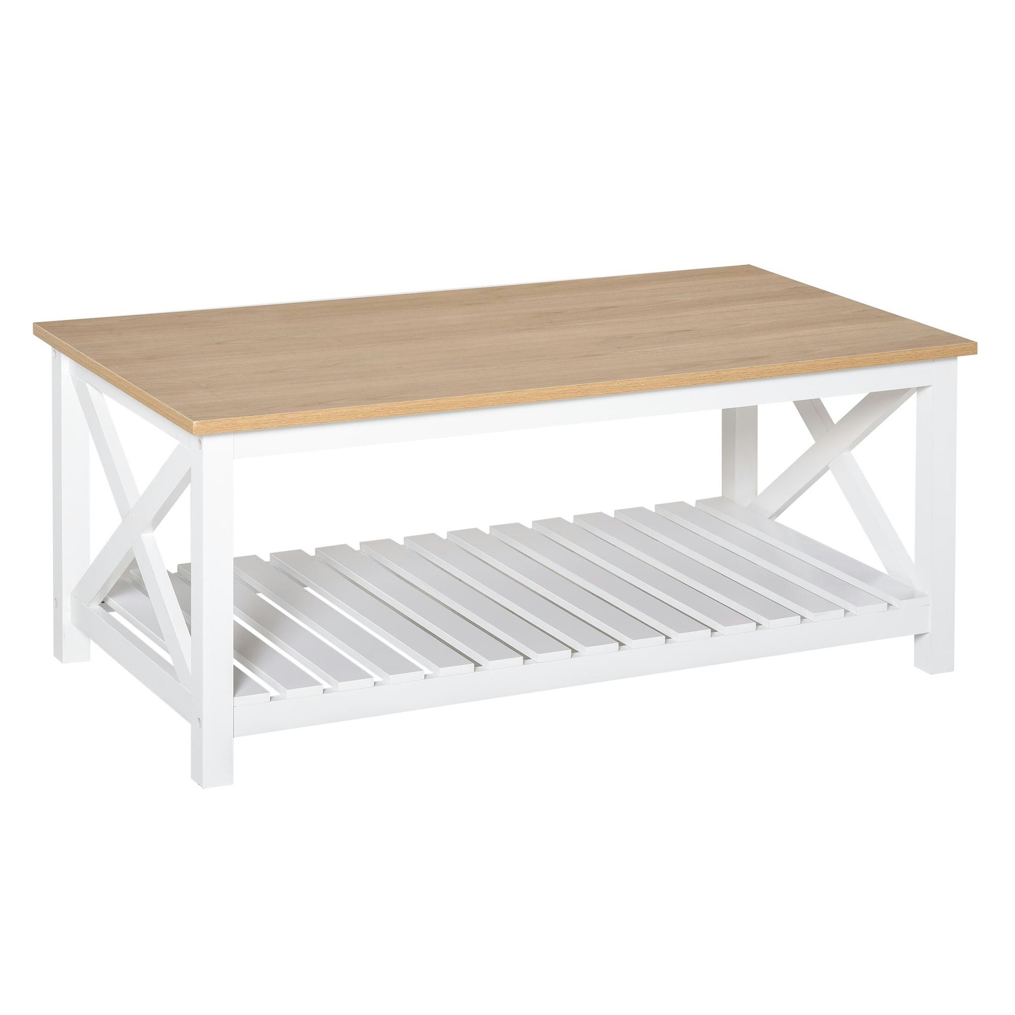 - Table basse rectangulaire étagère à lattes plateau chêne clair blanc
