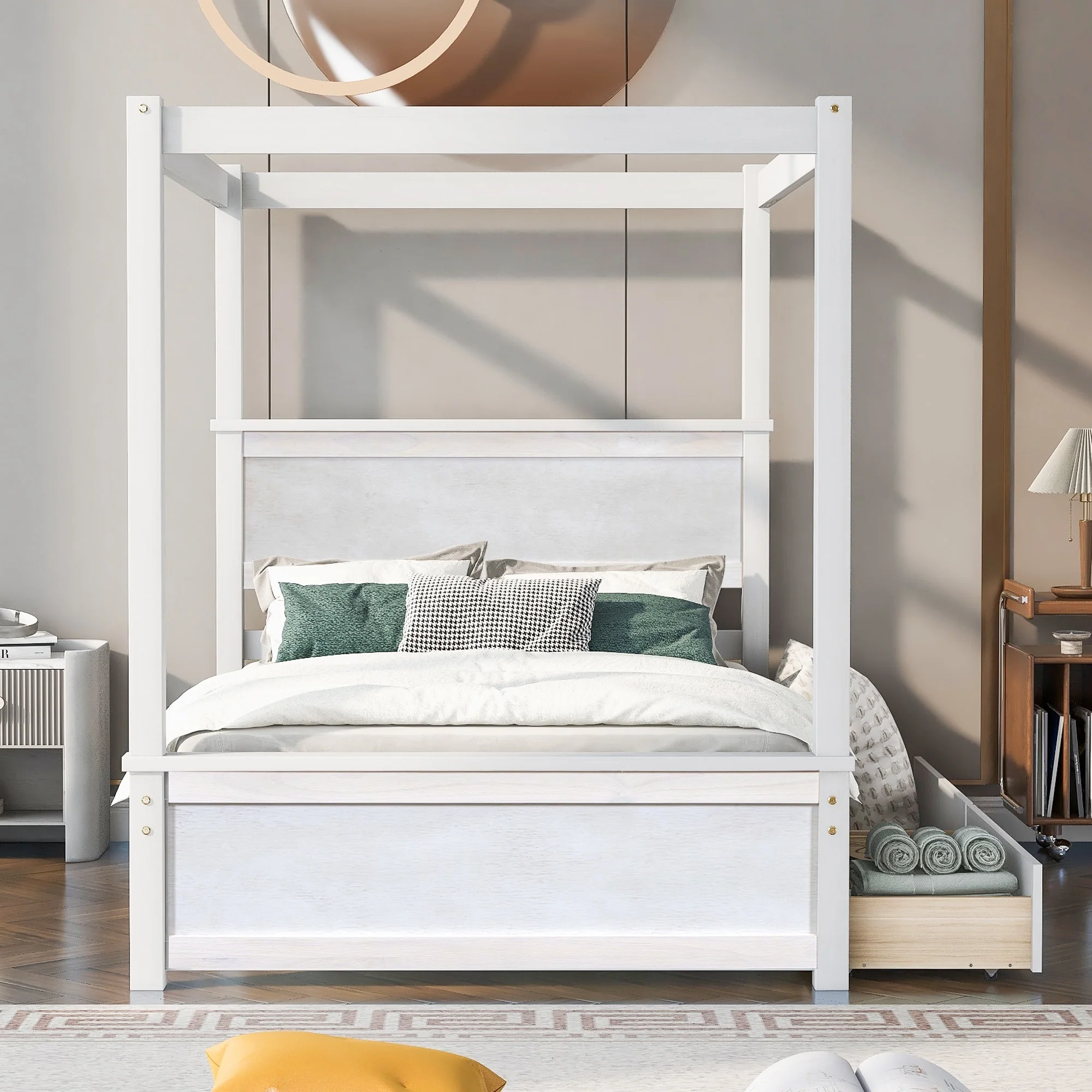 Modern Full Size Canopy Bed with Storage Drawers, Wooden Frame with Decorative Options