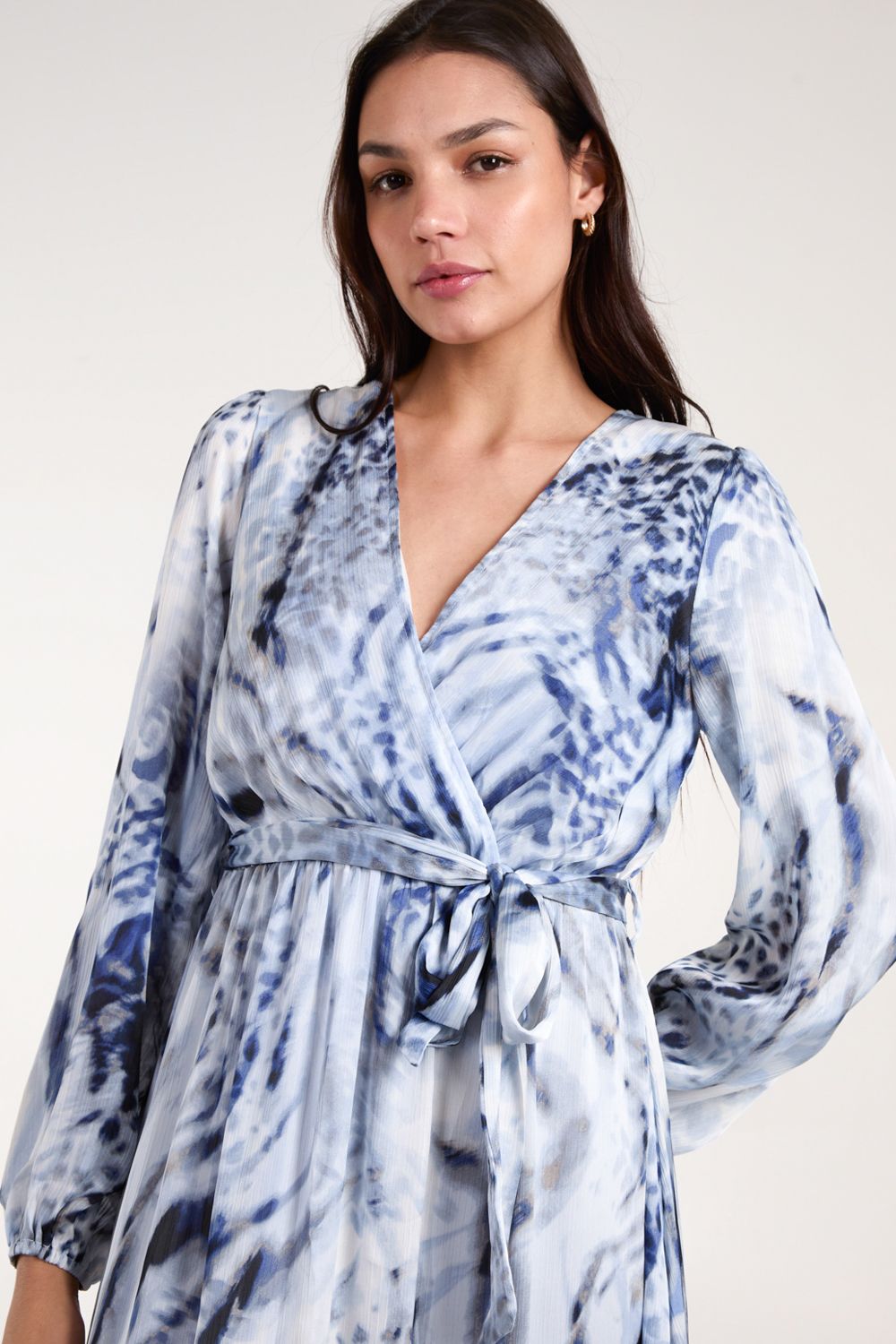 Blue Vanilla Long Sleeved Watercolour Wrap Midi Dress