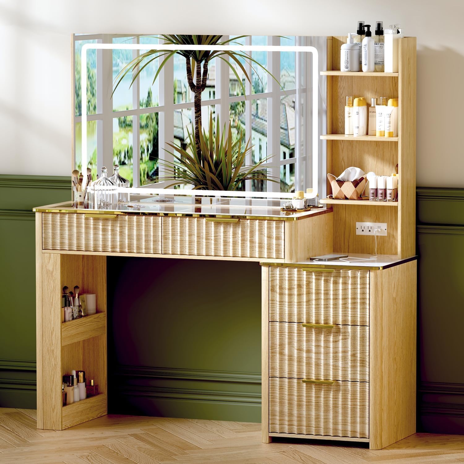 51 Vanity Desk with Power Outlet, Makeup Vanity with Mirror and Lights, 3 Lighting Modes, Vanity Table with Glass Top, 5 Drawers, and Jewelry Storage,Oak-1