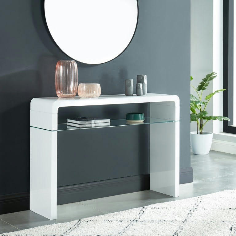 DARWIN - Console   laqué blanc brillant  étagère en verre