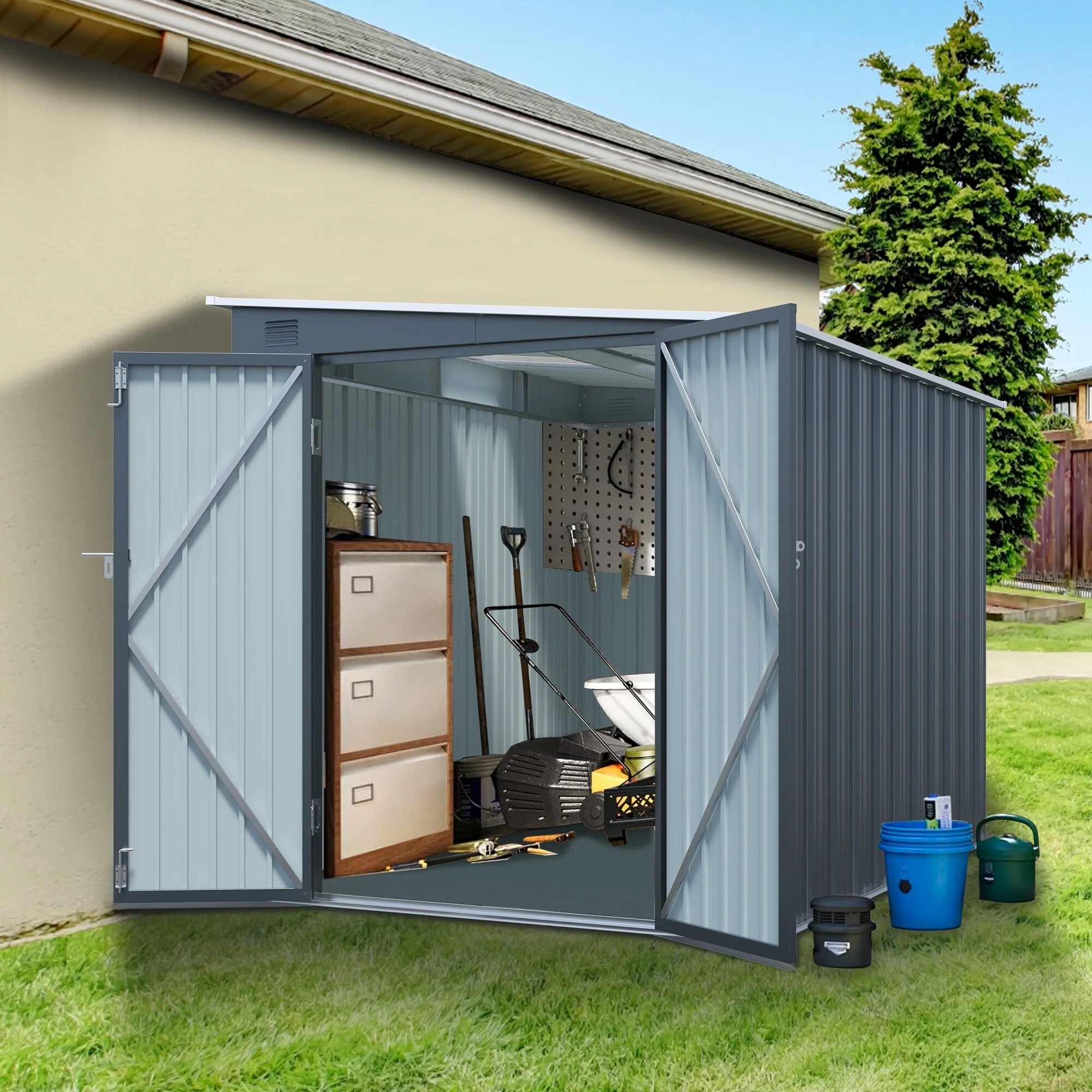Rust-resistant Outdoor Storage Shed Garden Shed with Lockable Double Doors, Waterproof Tool Shed, Translucent PC Light Board