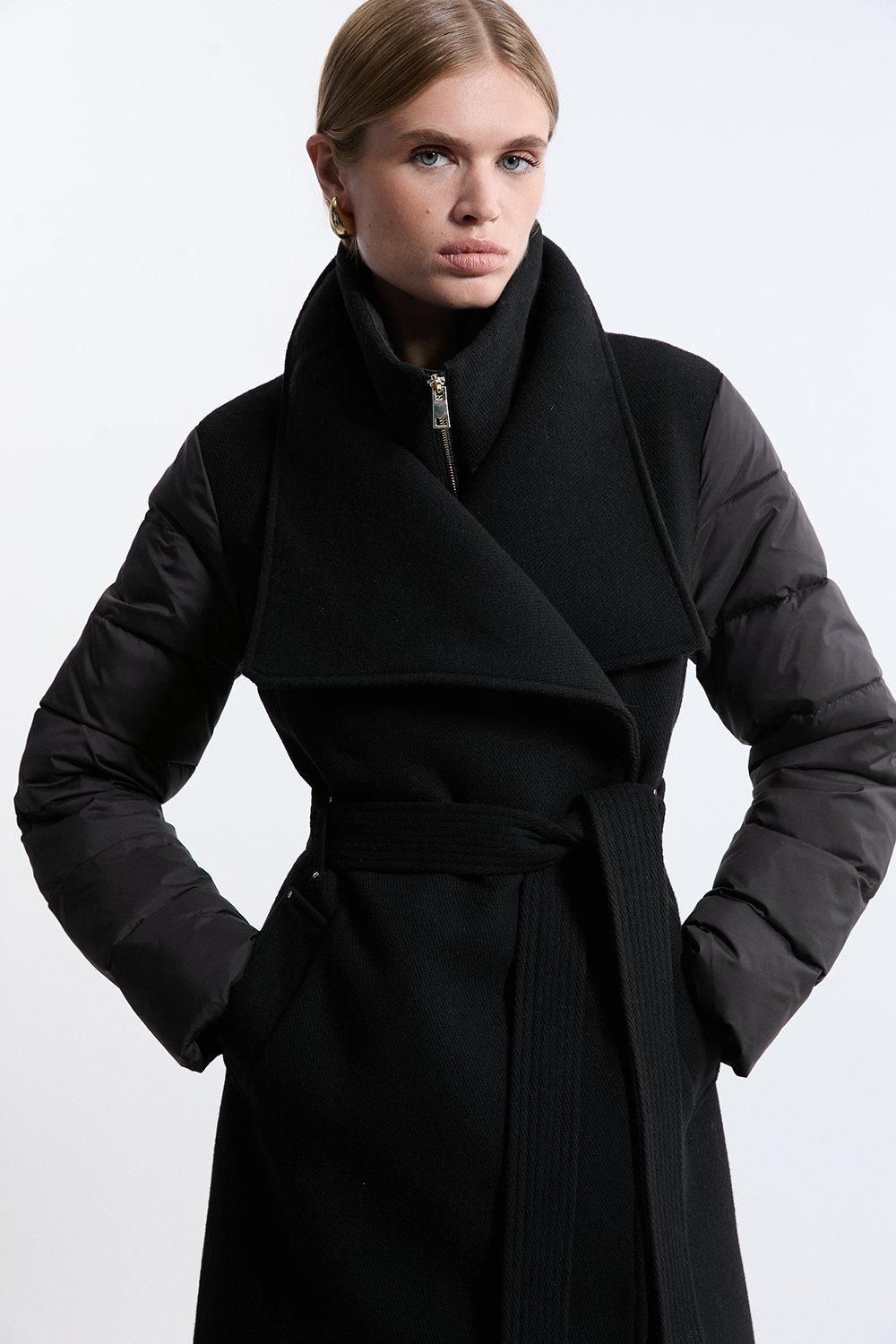 KarenMillen Wool Blend Hybrid Puffer Belted Midi Coat