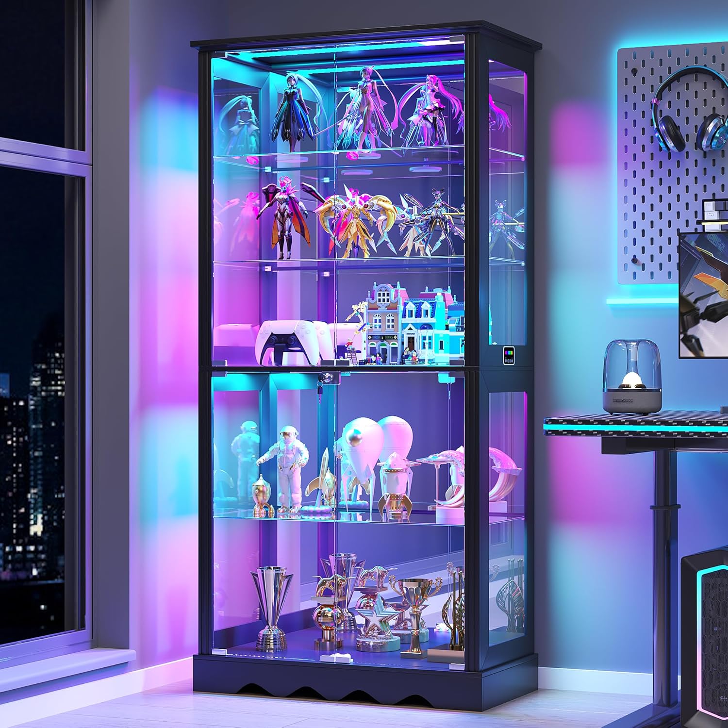 Dystler Display Cabinet with Glass Doors, 71'' Tall Curio Cabinet with RGB Lights for Collectibles, LED Display Case with Removable Shelf for Book/Medal/Figure, Black