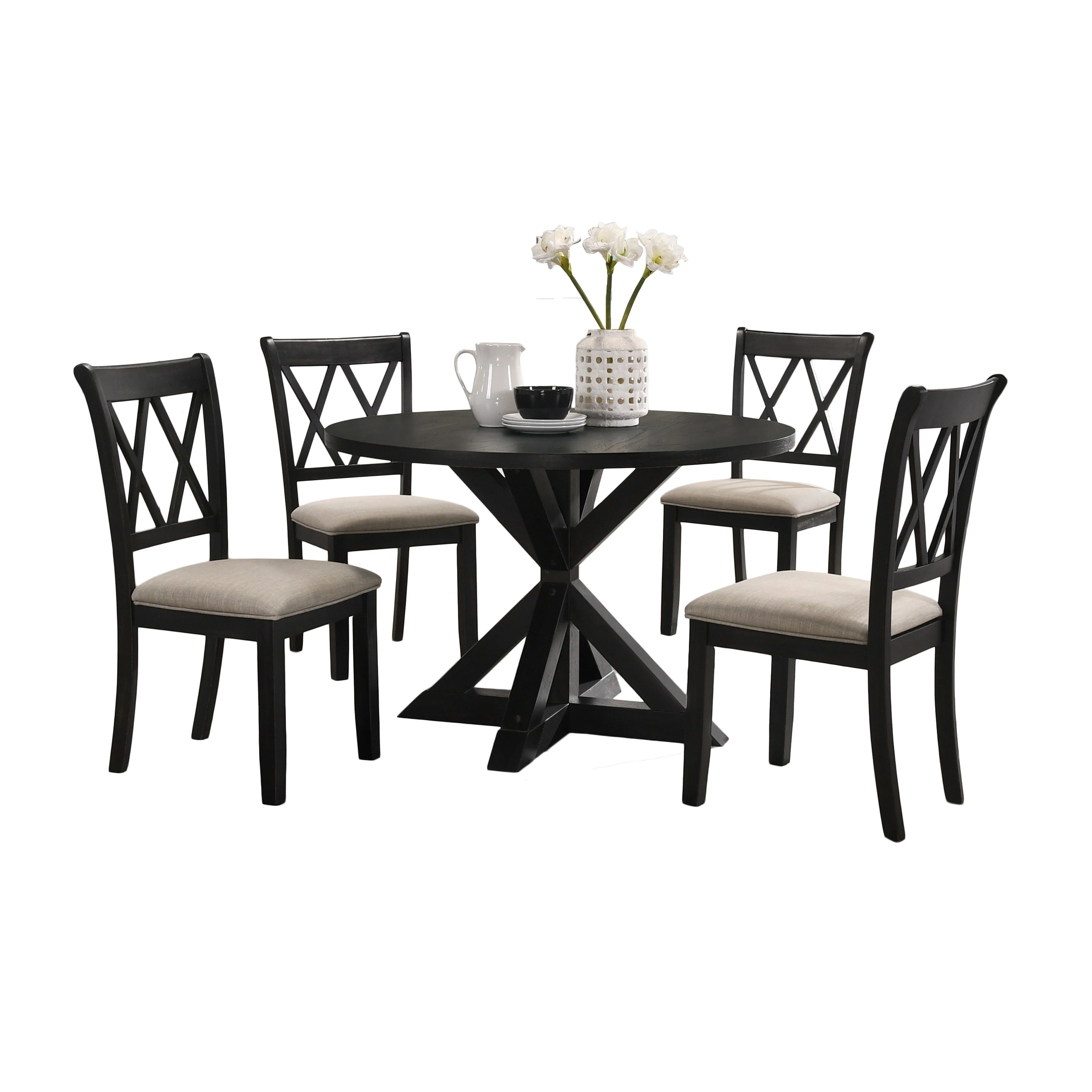 Round Dining Table Set, 5 Piece Wooden Kitchen Table with Cross-Buck Base and 4 Upholstered Dining Chairs, for Living Room
