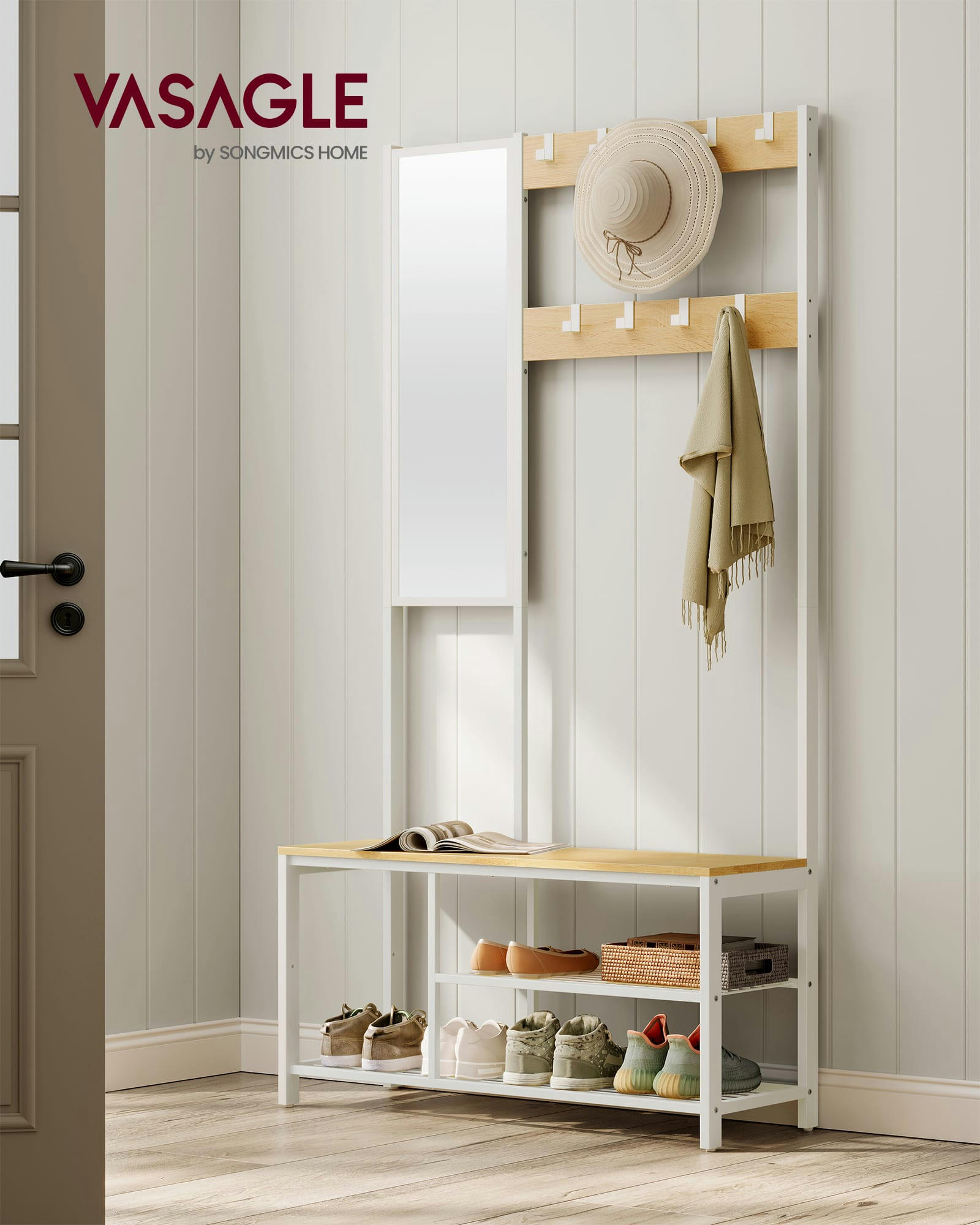 - Meuble d’entrée avec crochets miroir chêne et blanc