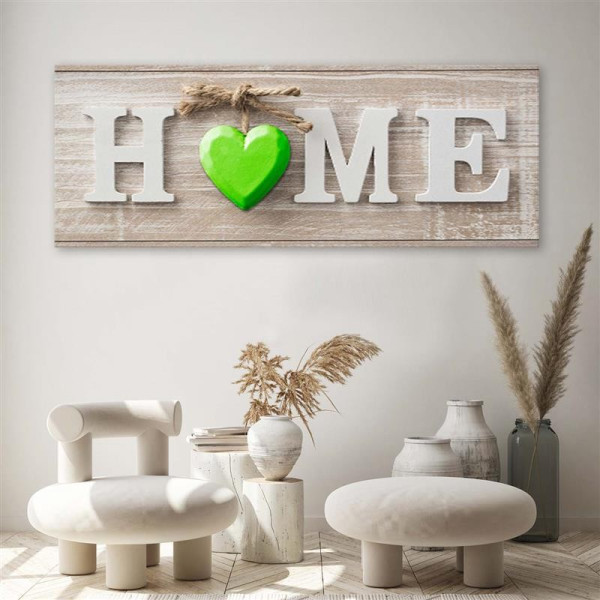 Feeby Obraz na płótnie Napis Home z zielonym sercem 90x30
