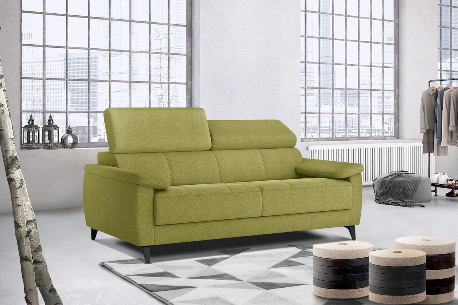 TAUNUS - Canapé droit 3 places XXL tissu citron vert