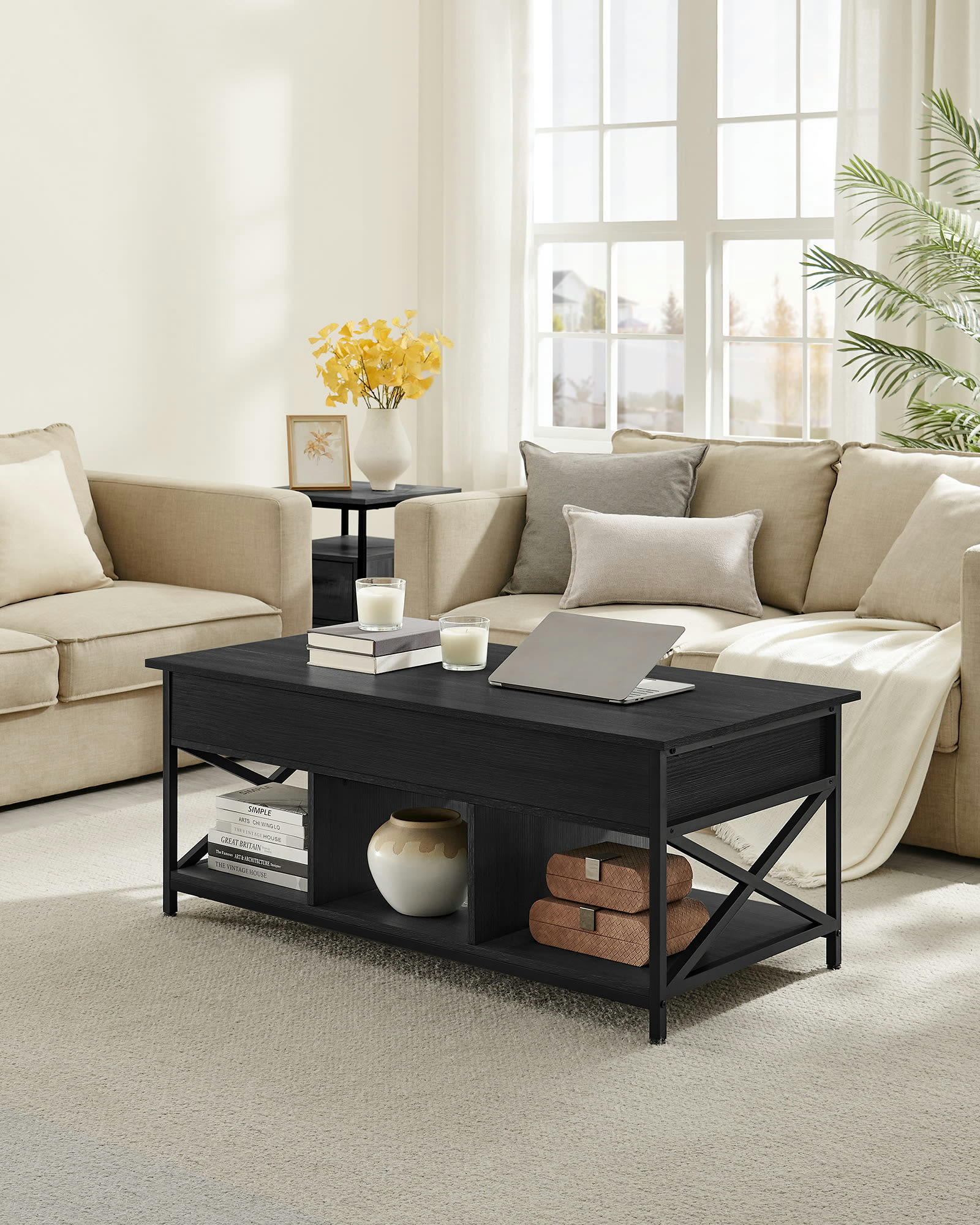 - Table basse avec plateau relevable effet bois noir‎ 60 x 120 x 48 cm