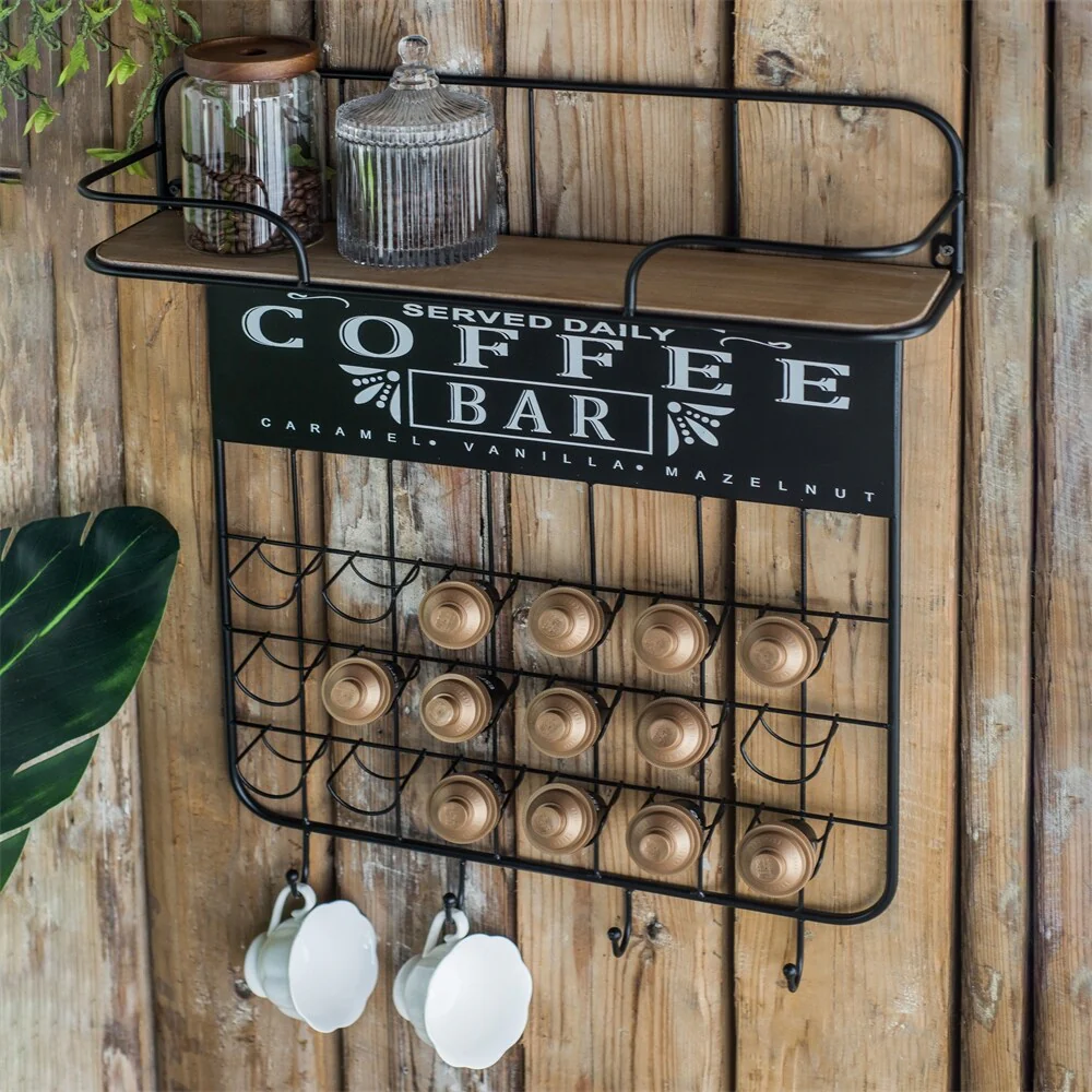 Floating Coffee Bar Shelf w/Coffee Pod Holder,Hooks and Storage Shelf