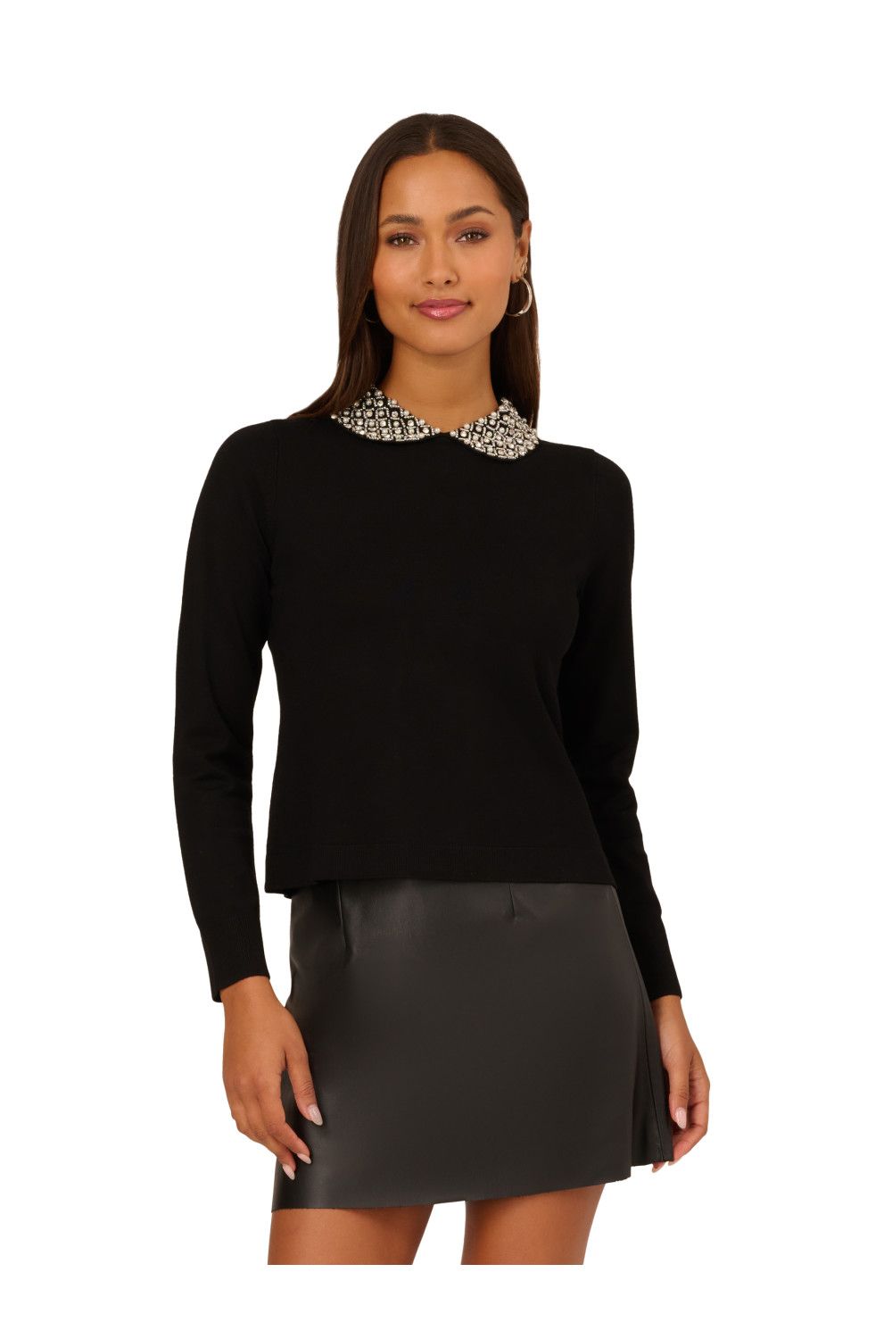 Adrianna Papell Embellished Polo Collar Long Sleeve Pullover Sweater