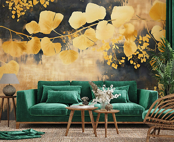 Papier Peint Panoramique Intissé Feuilles Abstrait Doré - 416x254 cm - Papier Peint Chambre et salon