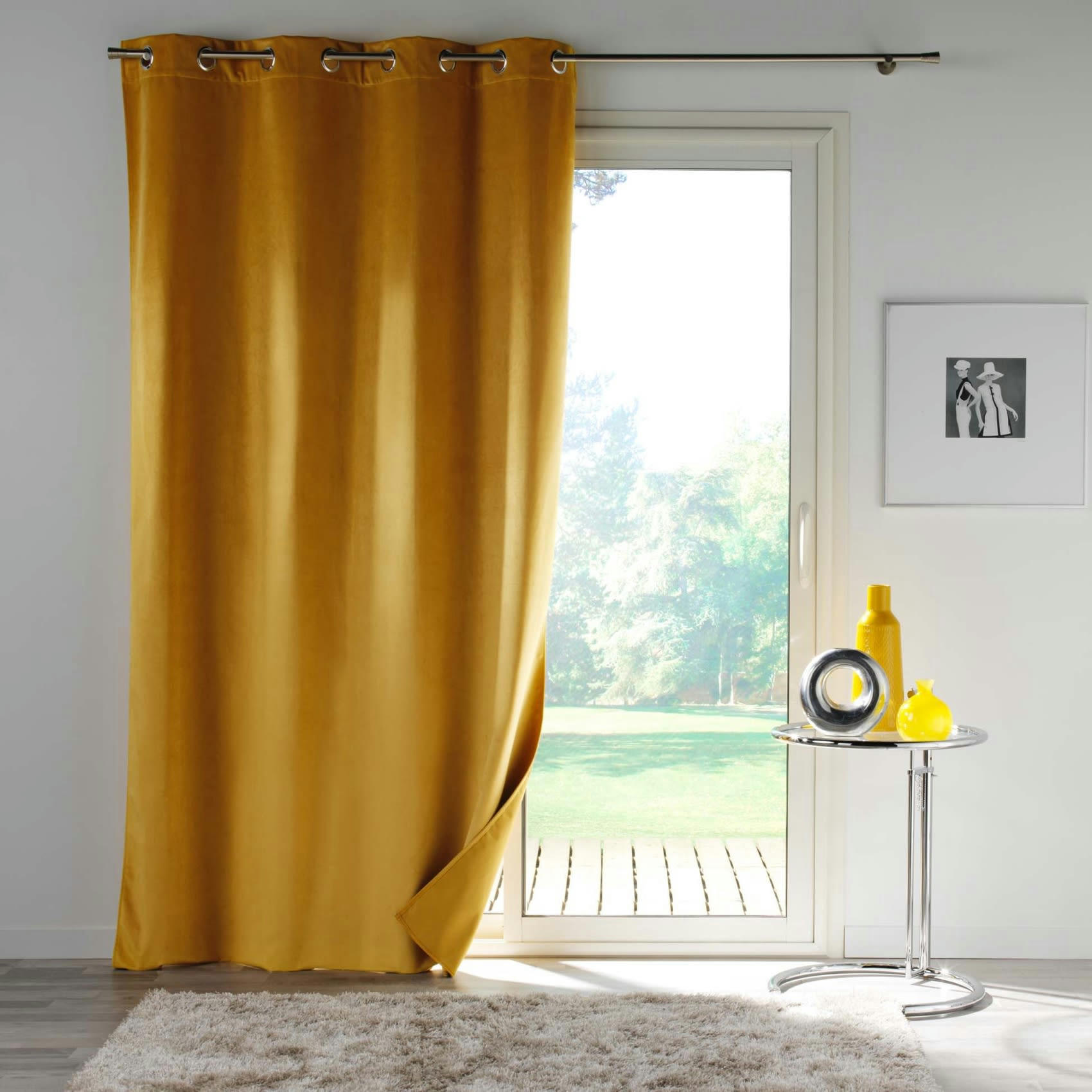 - Rideau occultant en velours uni jaune 135x260 cm