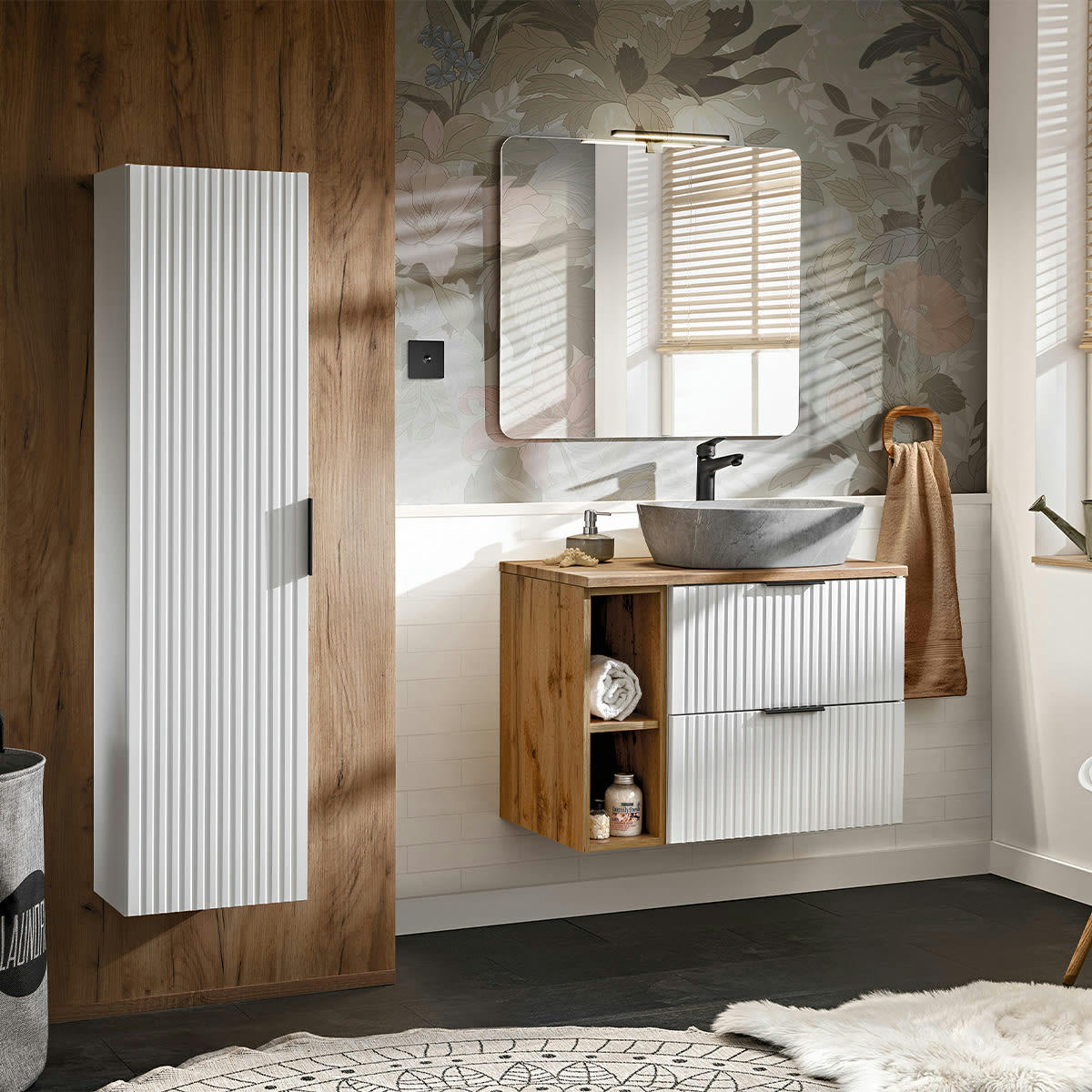 - Ensemble meuble simple vasque 80cm et colonne stratifiés blanc