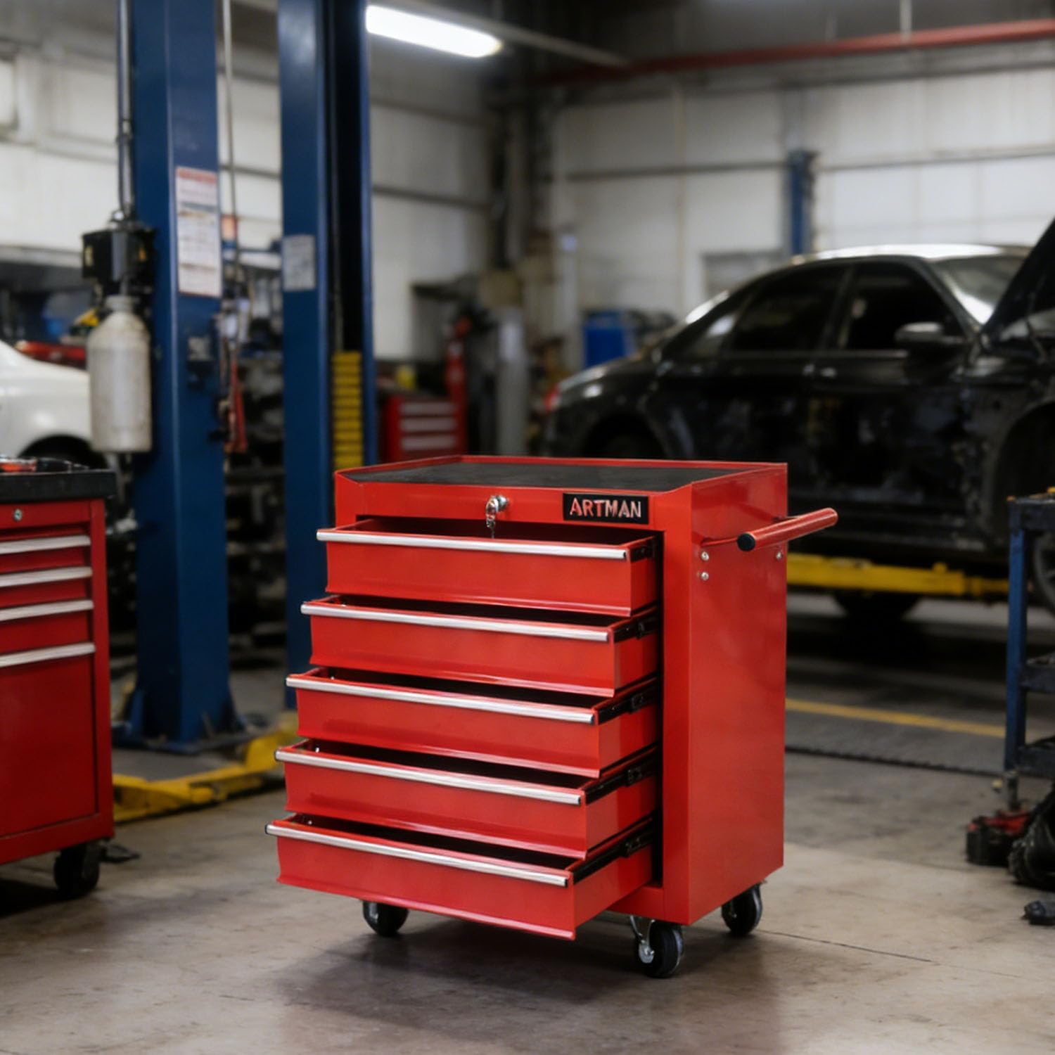 5-Drawer Tool Cart on Wheels, Drawers Rolling Tool Chest with Key Lock, Mobile Trolley Organizer Tools Box with Locking Wheels & Ball Bearing Drawers for Garage,Warehouse,Repair Shop (Red)