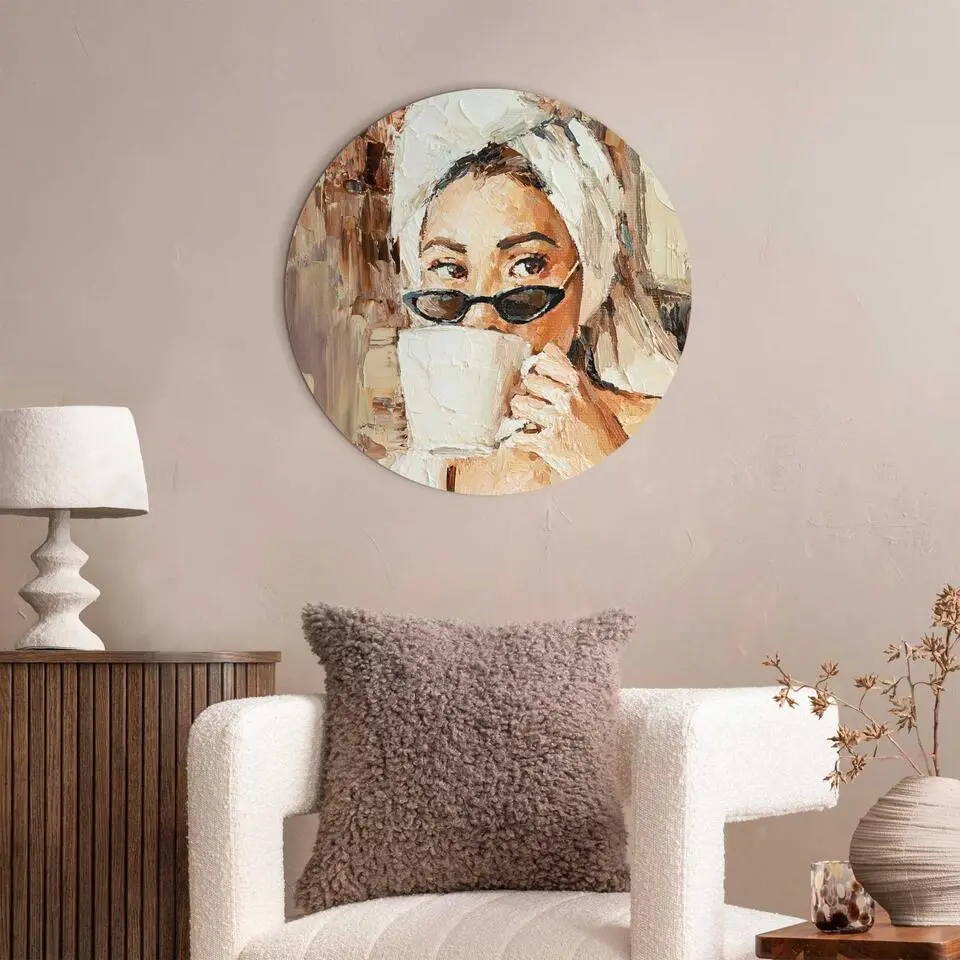 Glasschilderij Ochtendkoffie - &Oslash; 50 - Beige