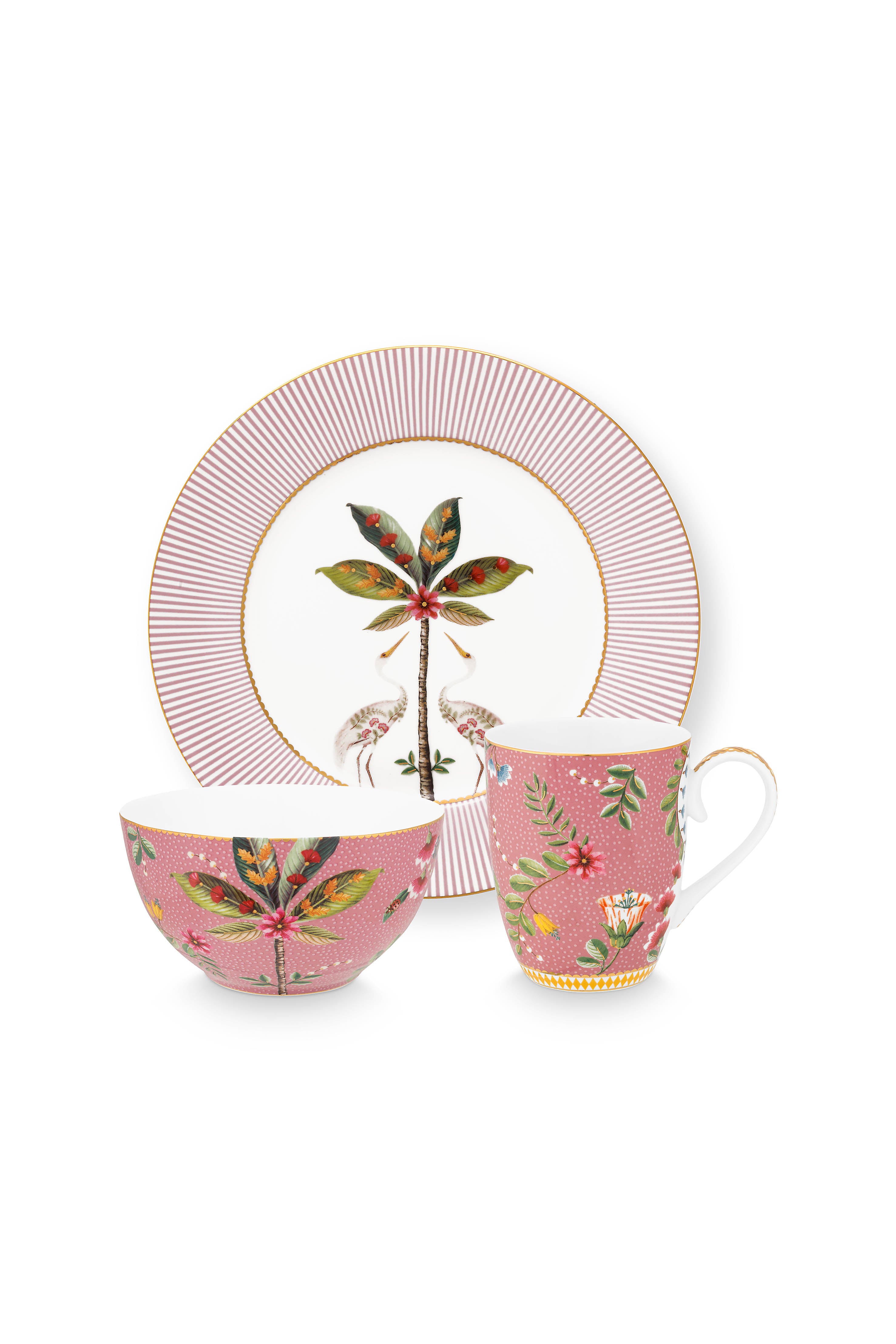 Pip Studio - La Majorelle ontbijtset - Met ontbijtbord, mok en ontbijtkom - Roze - Serviesset van 3