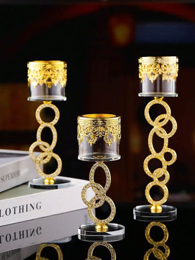 NNESN 1pc Elegant Crystal & Glass Candle Holder with Diamond Inlaid - Medium Gold