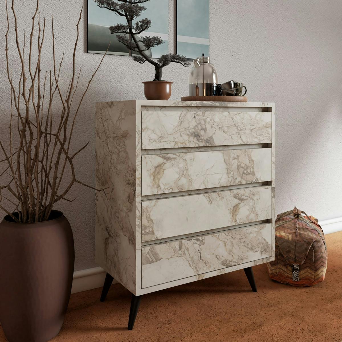 Commode moderne 4 tiroirs effet marbre, pieds noirs MARFA