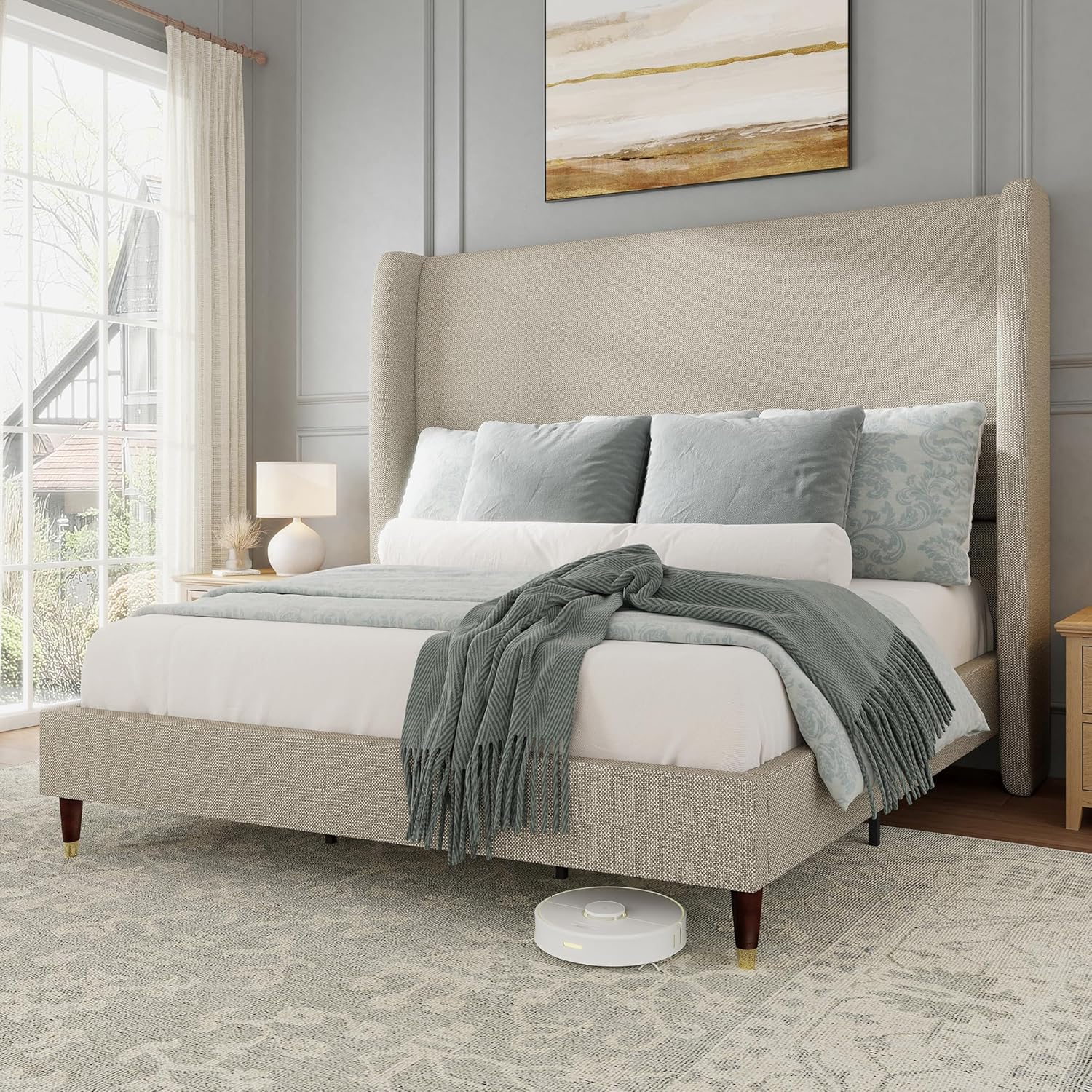 Jocisland King Upholstered Platform Bed Frame with 51.2 Tall Wingback Headboard–Solid Wood Legs, No Box Spring Needed, Brown Linen–Modern Style for Any Bedroom