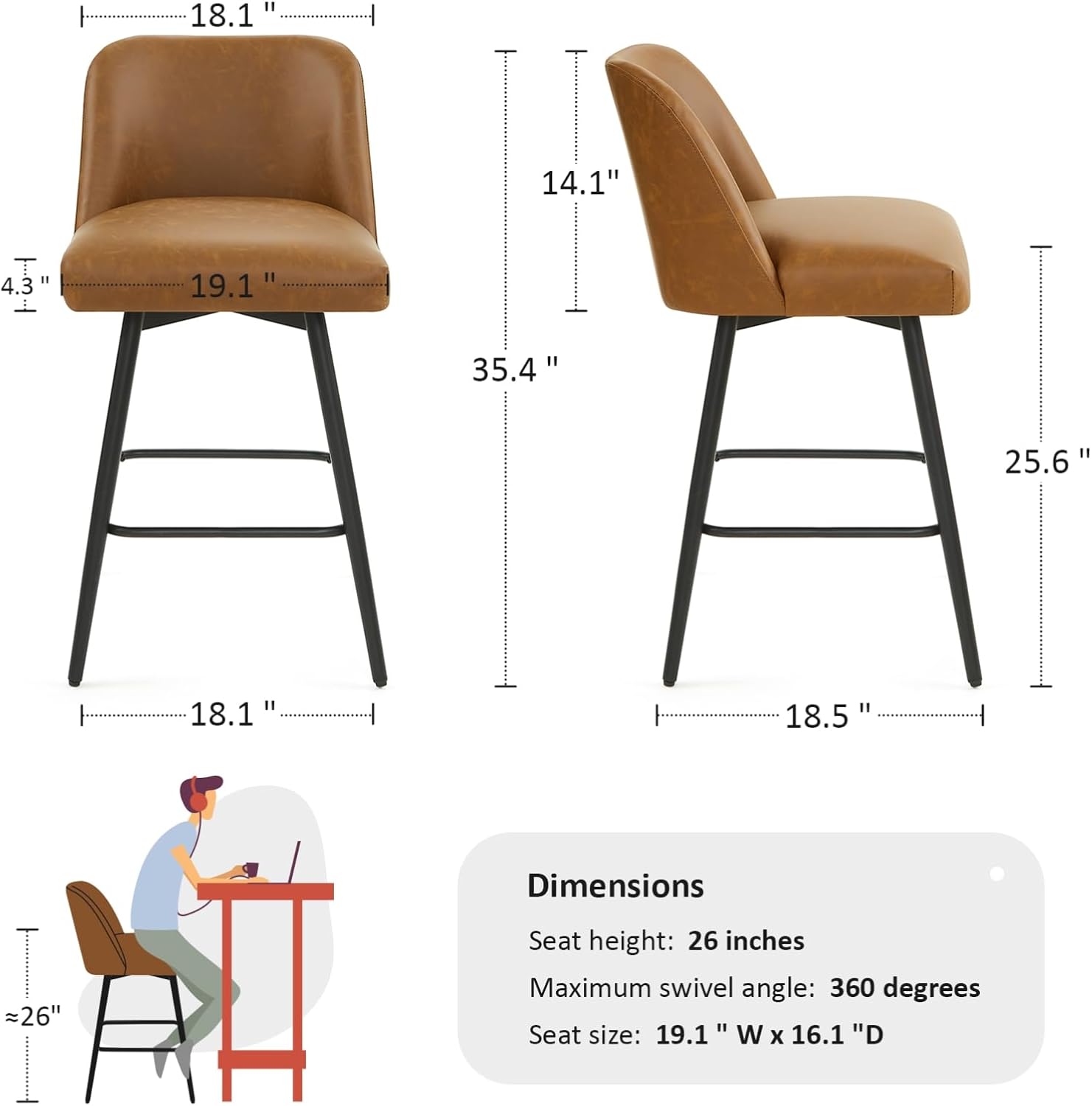 Counter Height Bar Stools Set of 4,360° Swivel Faux Leather Barstools with High Back 26 H Seat Height (Faux Leather-Saddle Brown, 4 Pieces - 26 Counter Height)