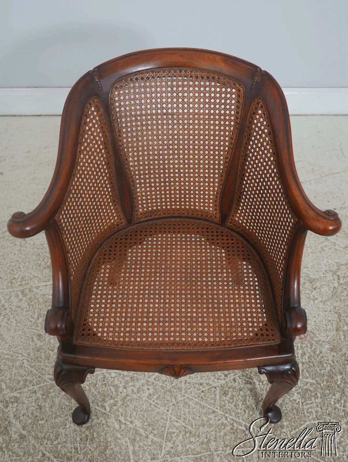 F73513: Vintage French Carved Cane Tub Chair