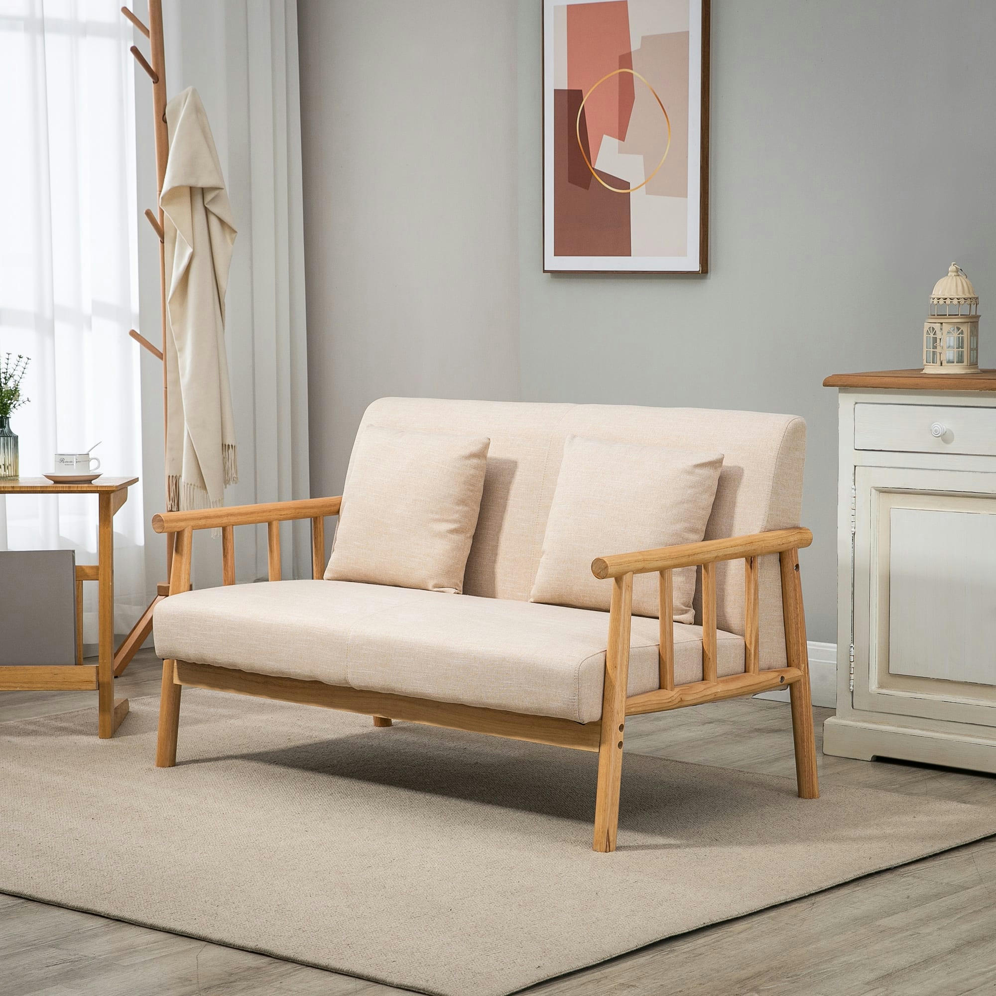 - Canapé lounge 2 places avec coussins - bois hévéa aspect lin beige