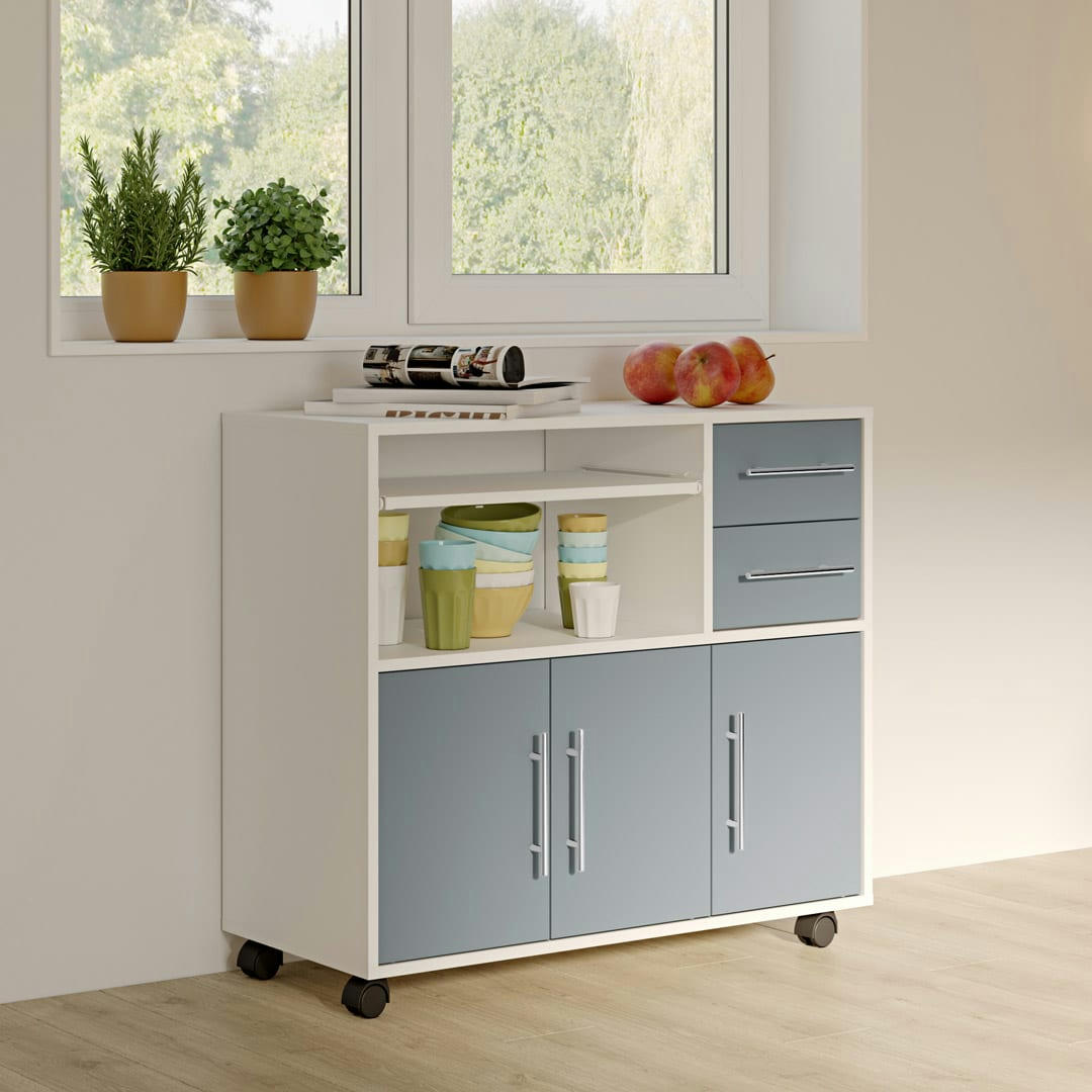 MARIUS - Desserte micro-onde effet bois blanc et gris céladon