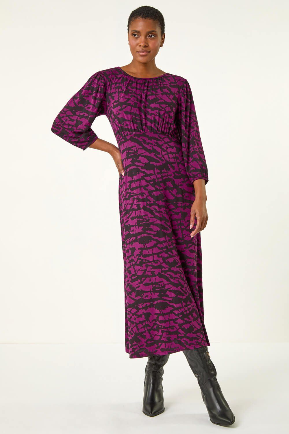 Roman Abstract Print Gathered Stretch Midi Dress