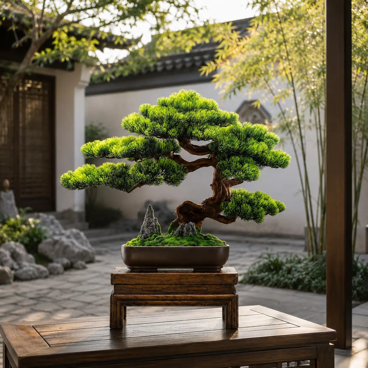 VICKY YAO-Artificial Bonsai Tree Japanese Pine Bonsai Decor Zen Tabletop Sculpture Hotel Lobby Decor Office Decoration W61xH45cm/24”W × 18”H