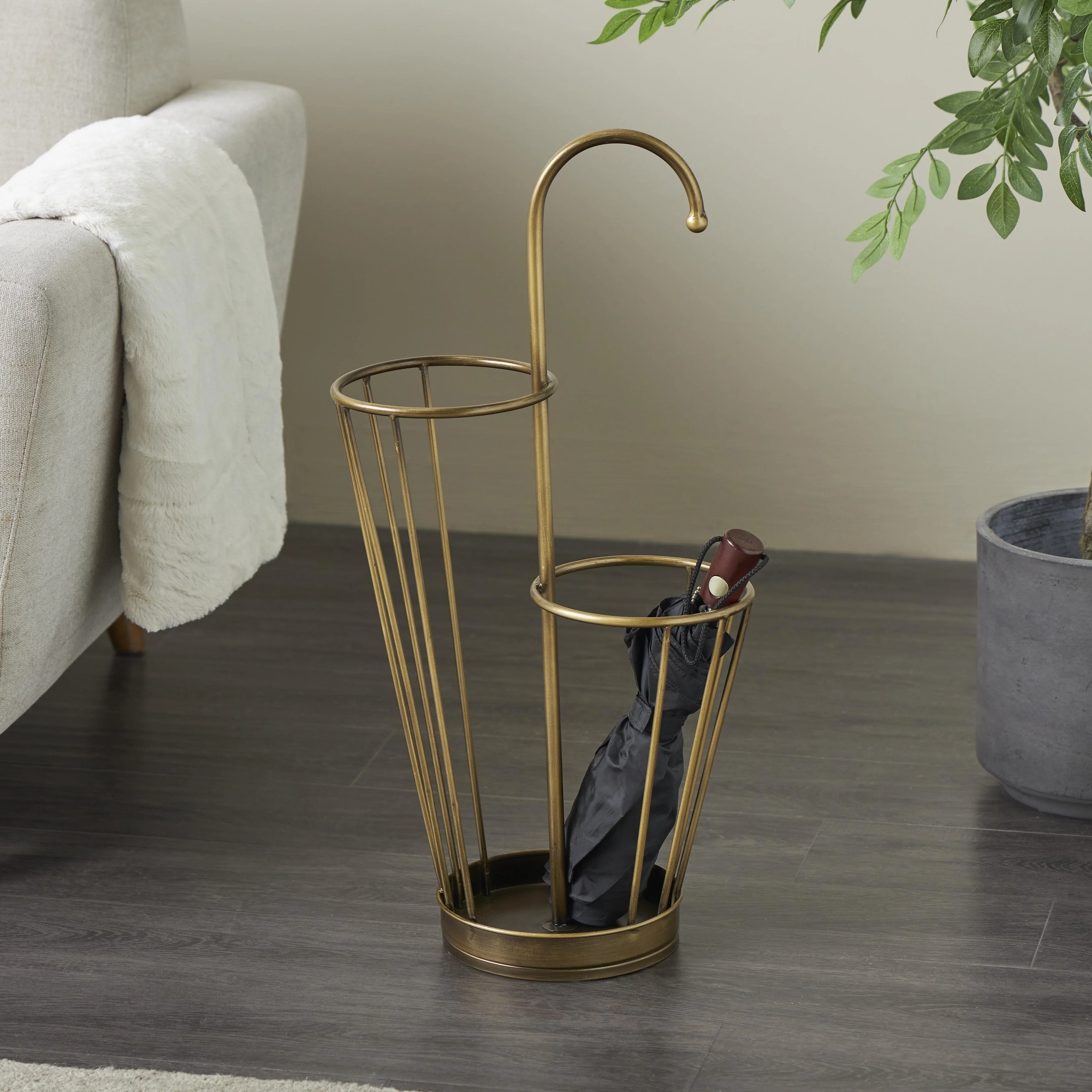 Metal 2 Section Umbrella Stand with Umbrella Shaped Handle - Gold or Black - Roche River Decor