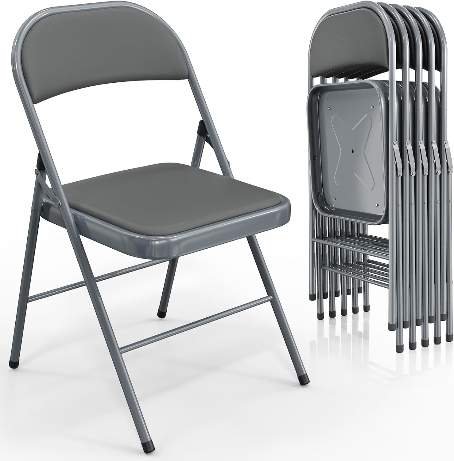 VINGLI 6 Pack Folding Chairs with Padded Seats, Metal Frame with Pu Leather Seat & Back, Capacity 350 lbs, Gray