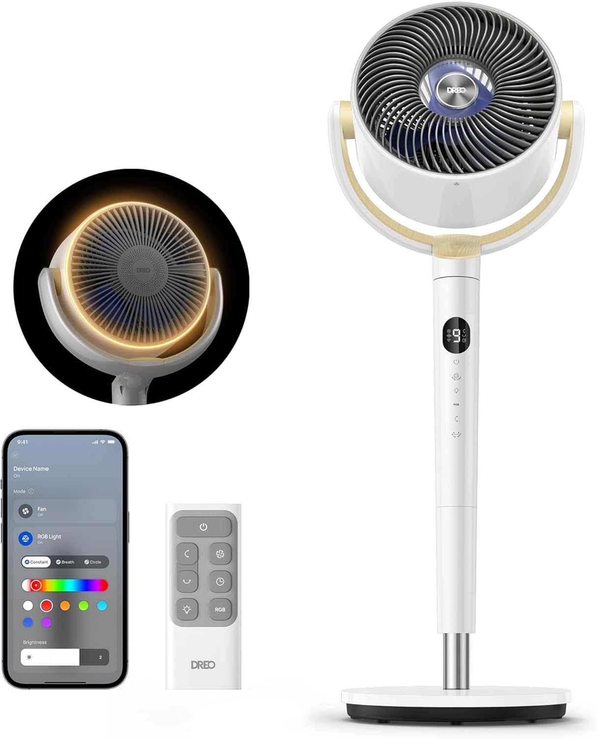 DREO Smart Fan for Bedroom, 120° +120° Omni-Directional Oscillating Fans, 100ft Quiet Pedestal Fan with RGB Light, 9 Speeds, 6 Modes, 20dB, 8H Timer, Wi-Fi/Voice/Alexa, 35-40 Floor Fans with Remote